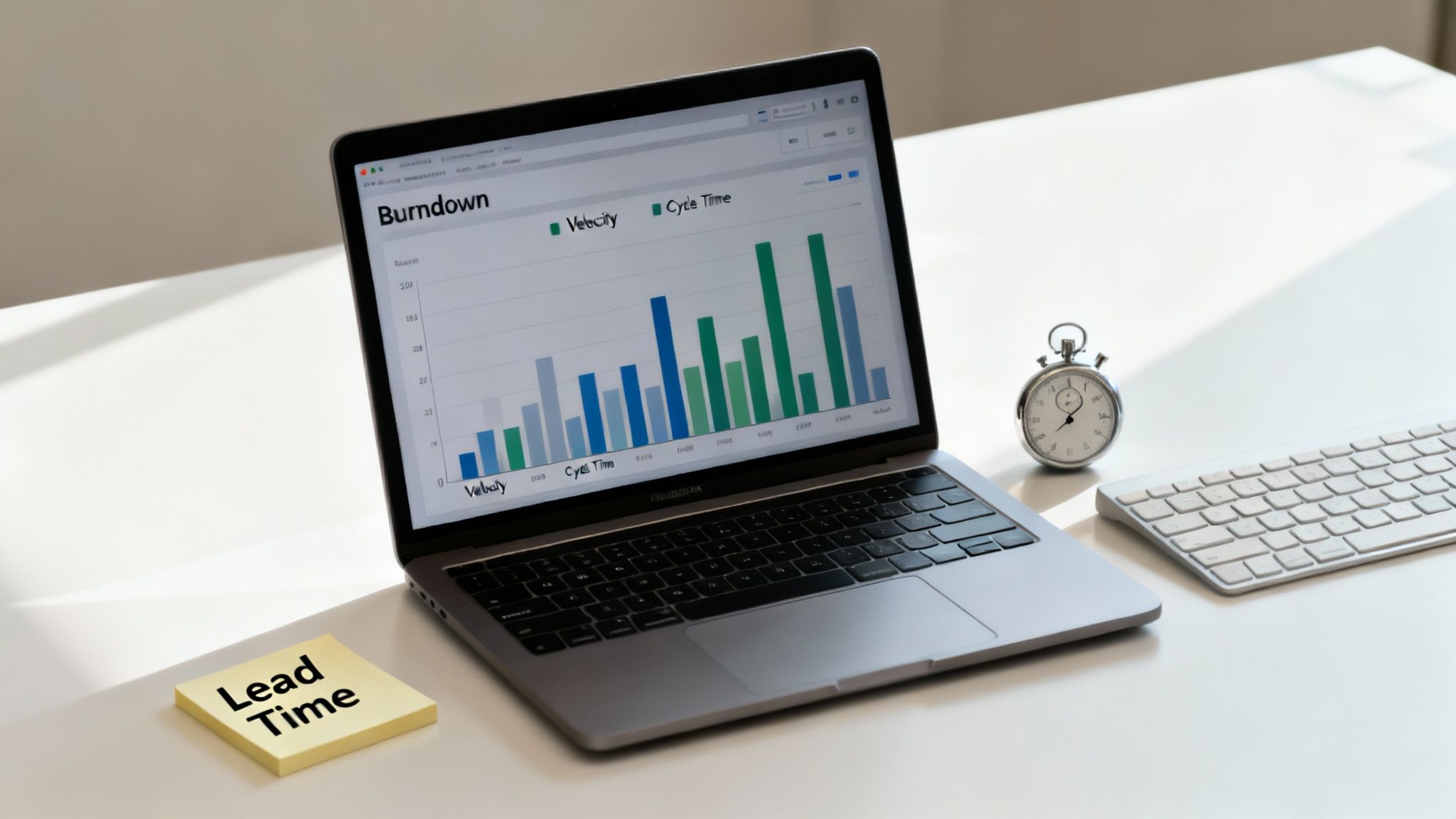 A dashboard showing colourful charts and graphs, representing agile metrics and project progress.