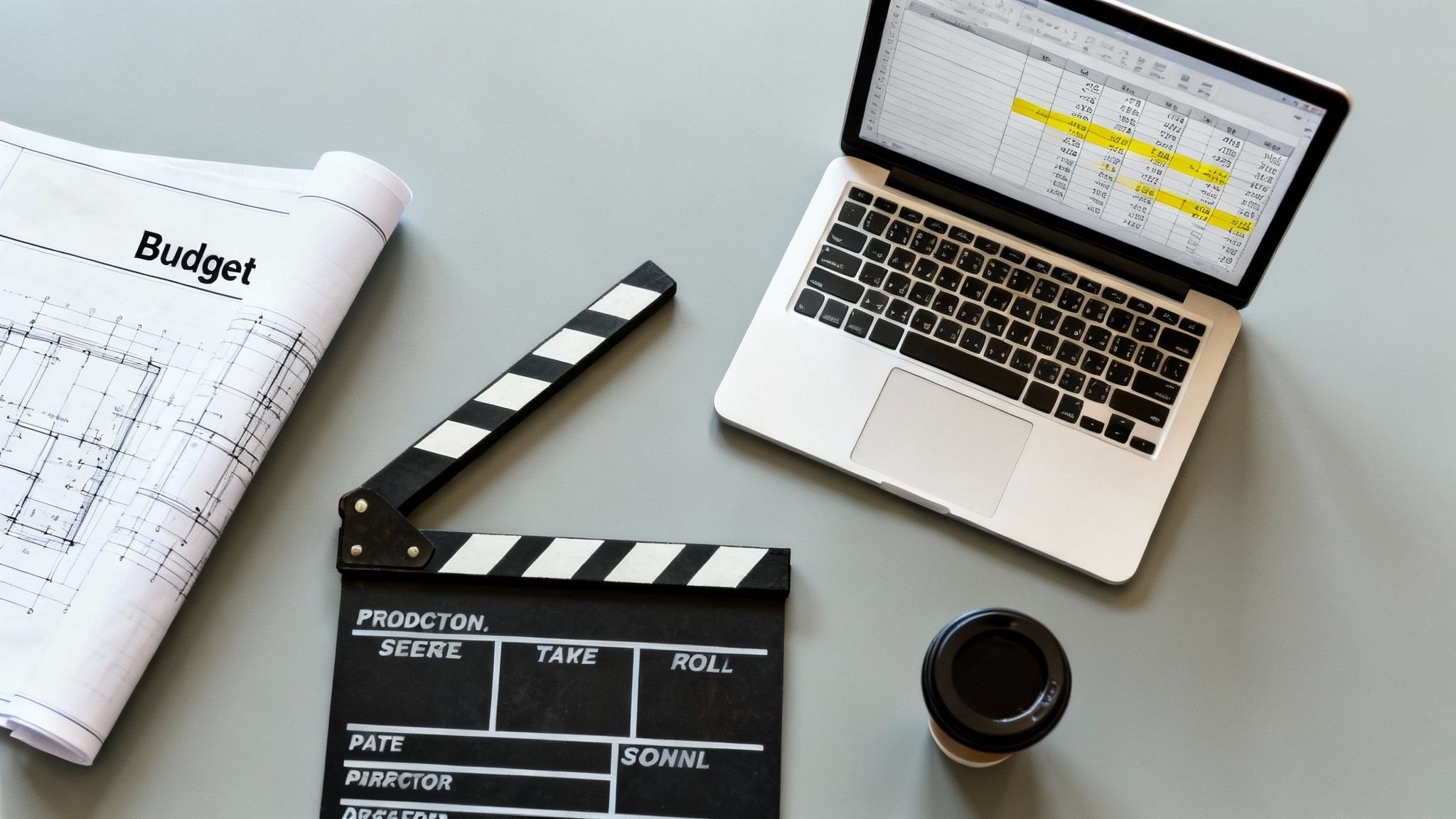 Close-up of a producer reviewing financial documents on a tablet in a modern post-production studio.