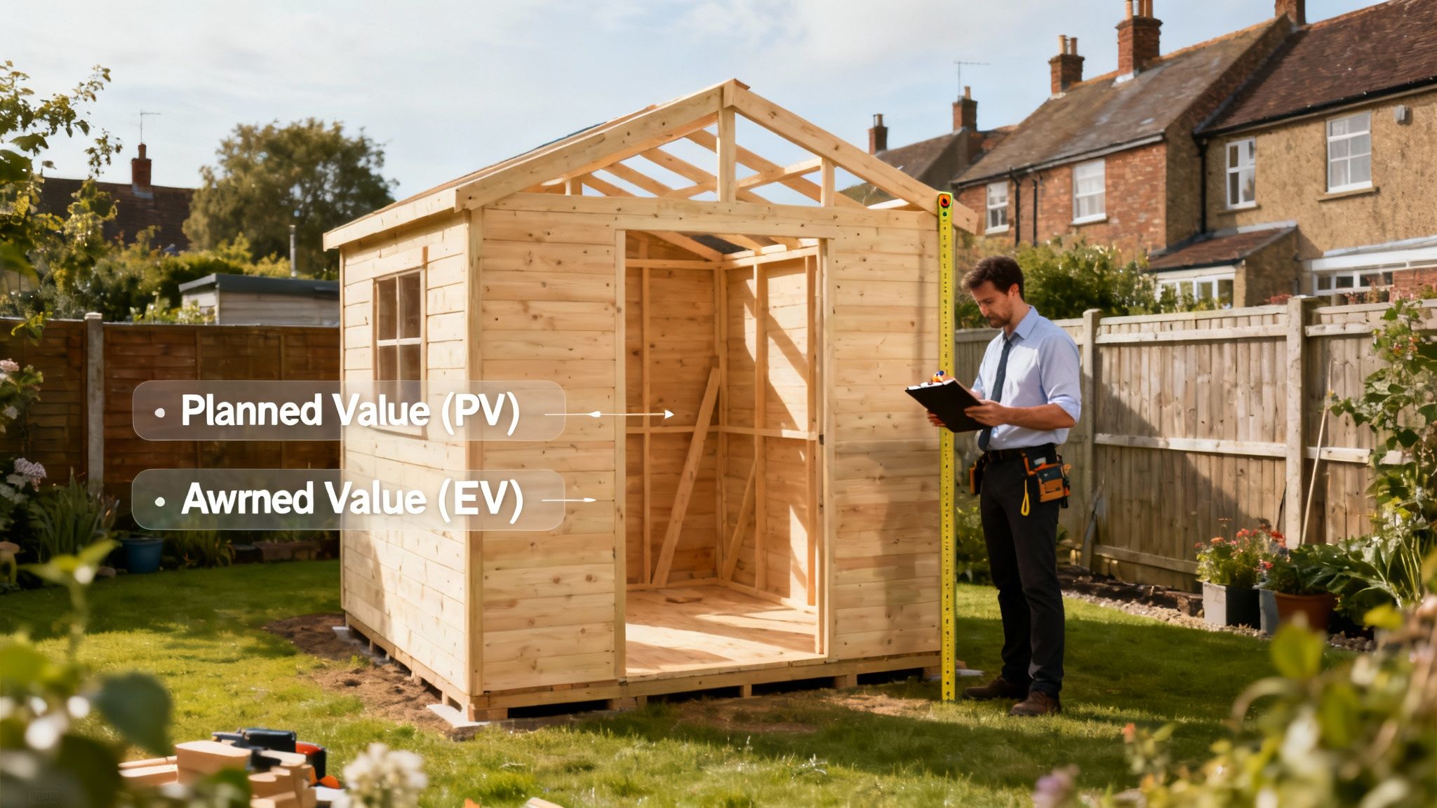 Construction professional measuring wooden shed in backyard explaining planned value and earned value concepts