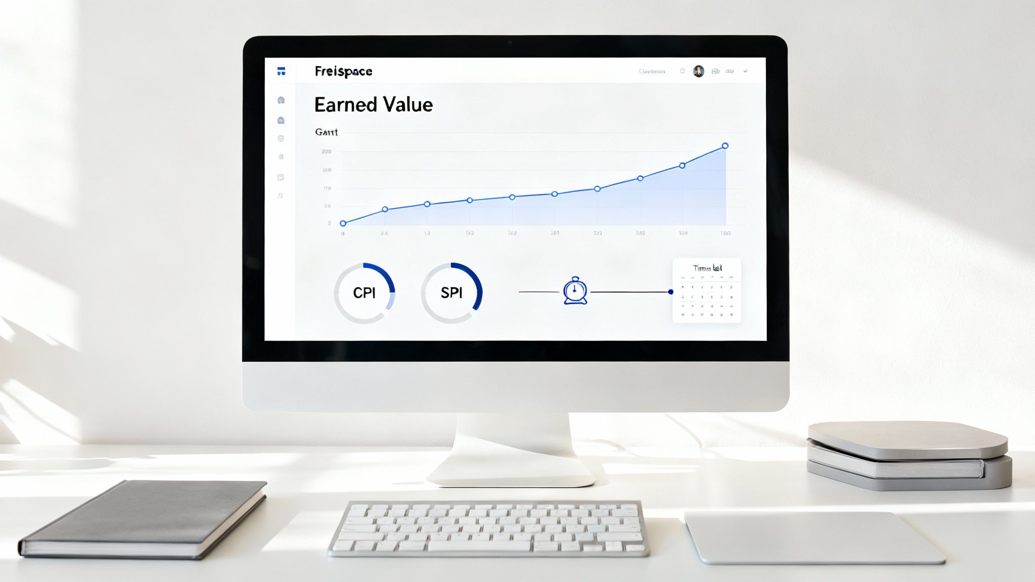 Computer monitor displaying earned value management dashboard with CPI, SPI metrics and upward trending Gantt chart