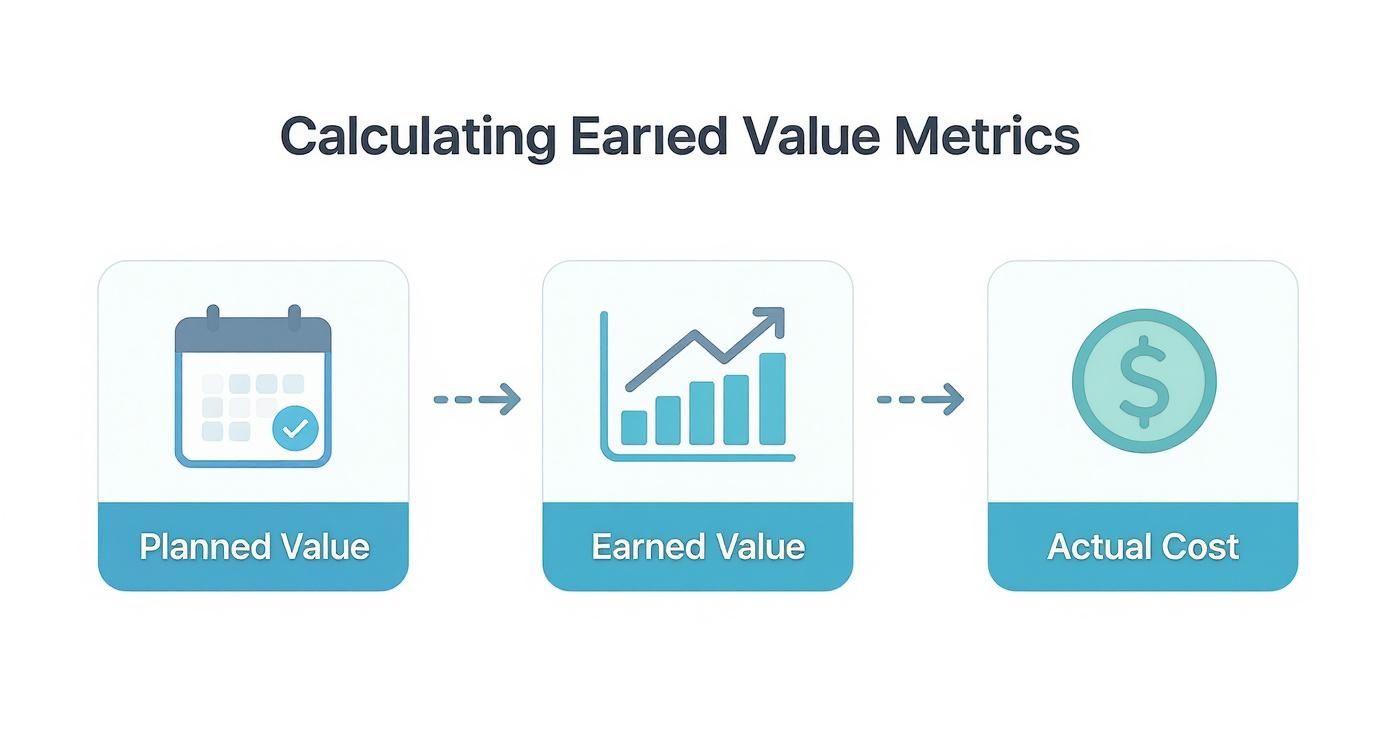 Three-step flowchart showing planned value, earned value, and actual cost metrics for project management