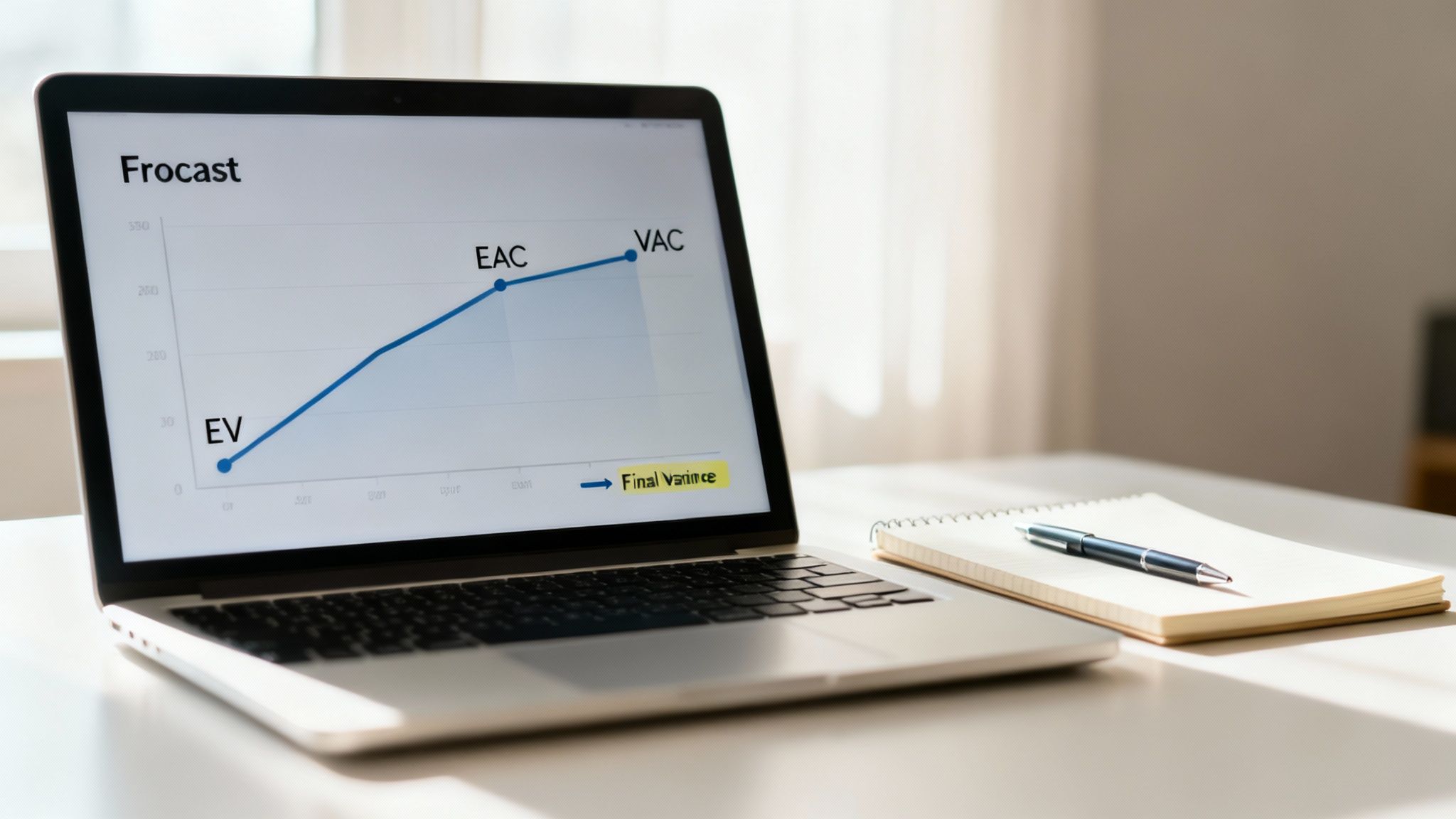 A laptop displays a financial forecast graph with EV, EAC, and VAC metrics on a white desk.