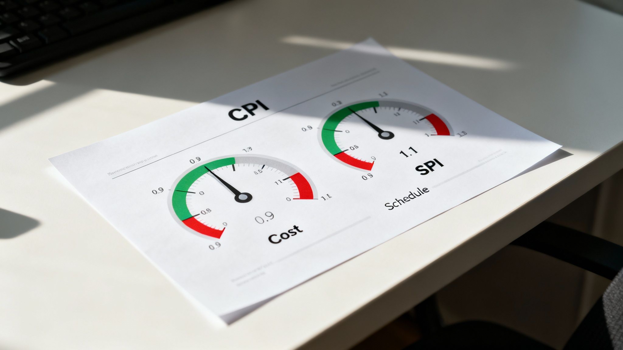 A report displaying CPI and SPI gauges, indicating project cost (0.9) and schedule (1.1) performance.