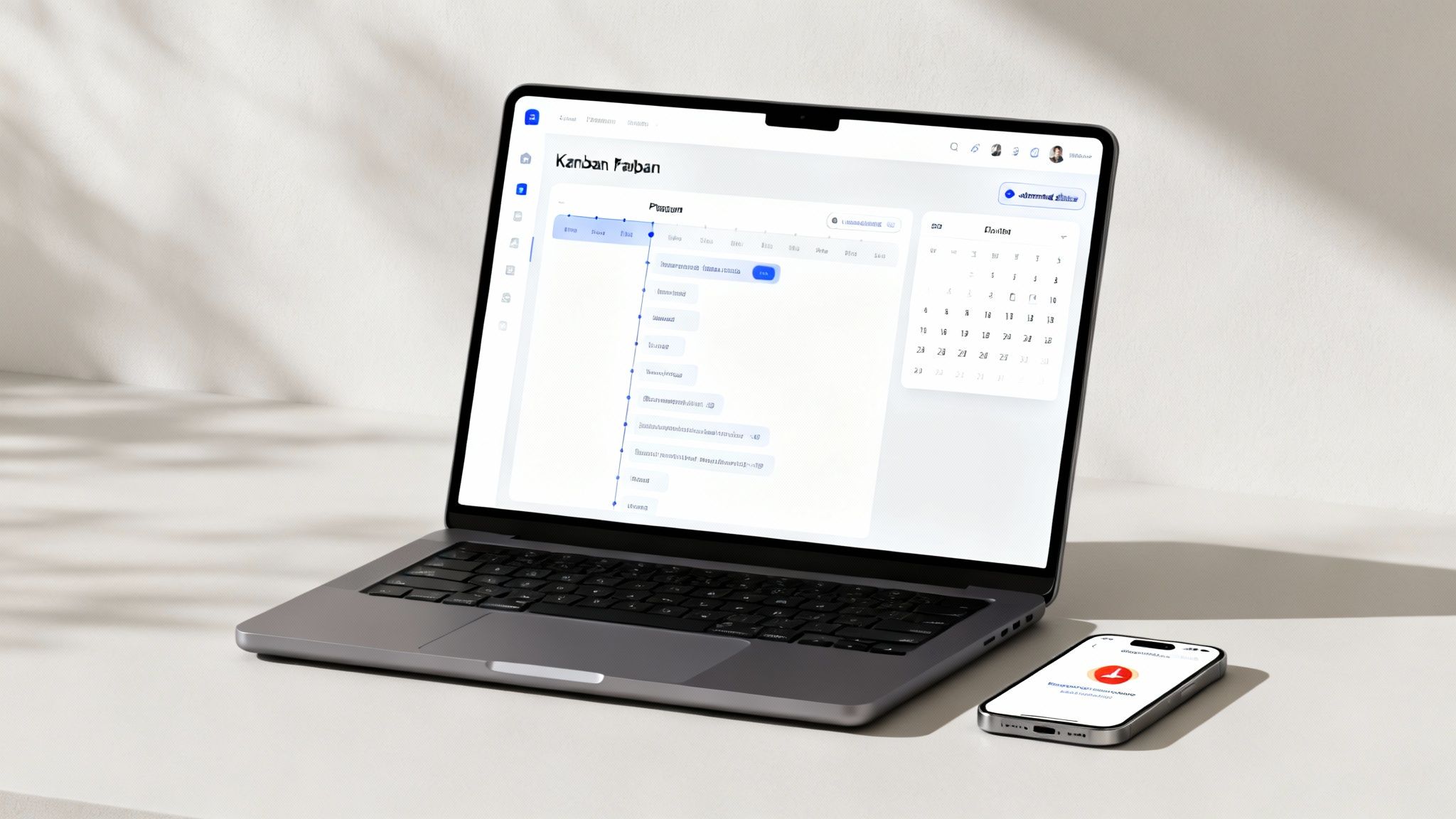 Laptop displaying a Kanban project management dashboard with a calendar, next to a smartphone.
