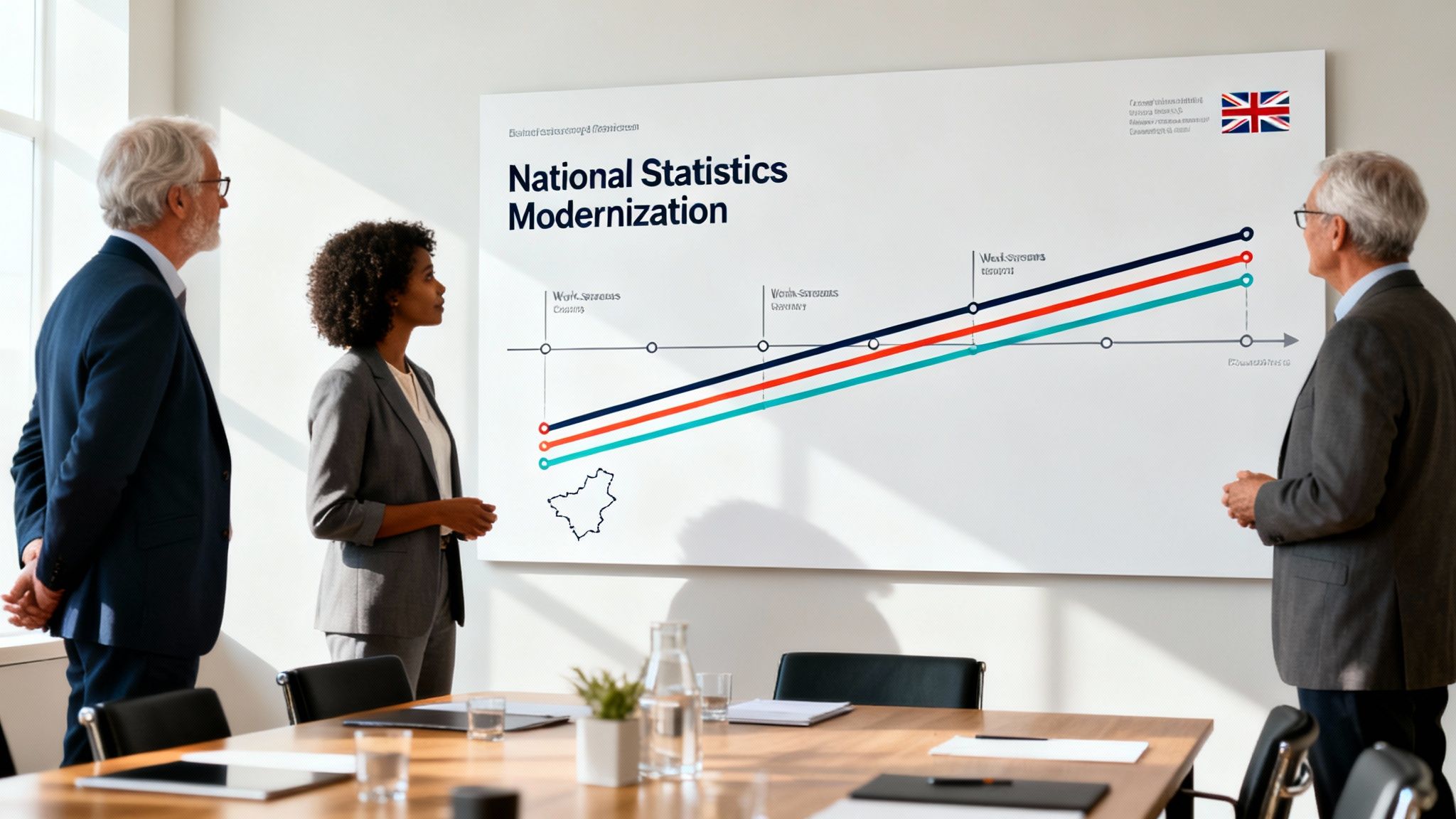 Three business professionals in a meeting room discussing a 'National Statistics Modernization' chart on a whiteboard.
