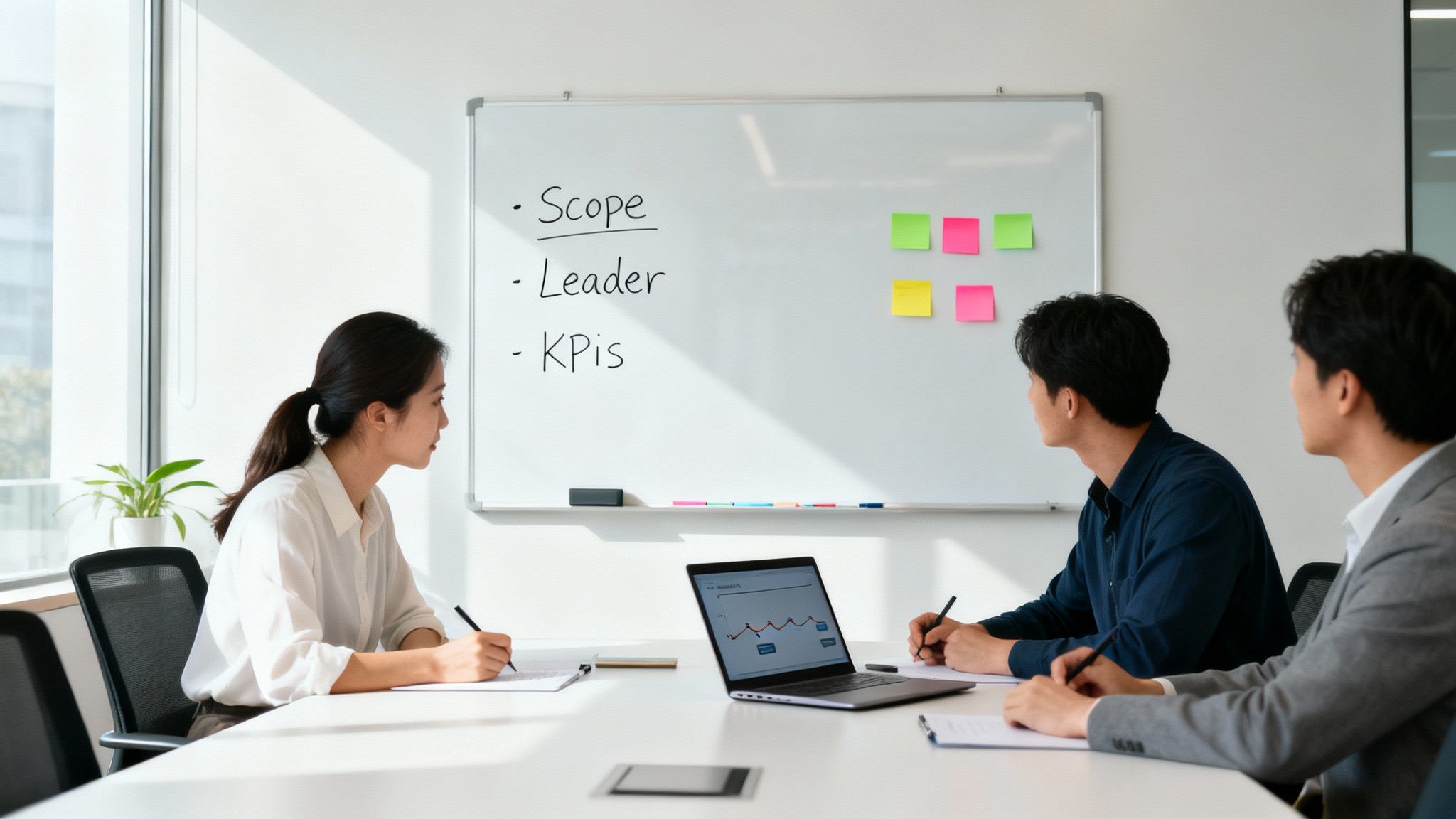 Three colleagues in a meeting room discuss project scope, leader, and KPIs written on a whiteboard.