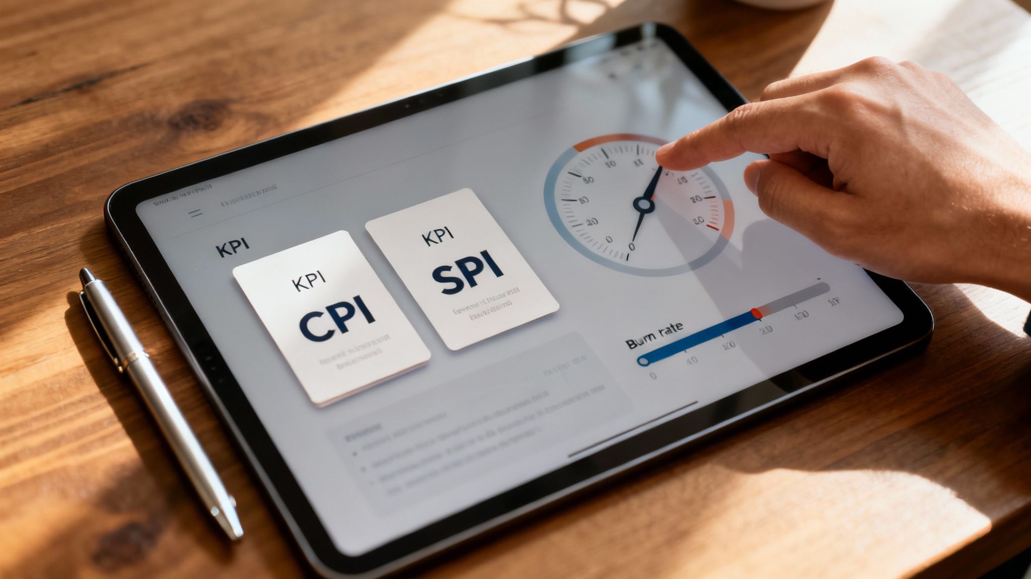 A hand interacts with a tablet displaying financial KPIs, CPI, SPI, and burn rate metrics.