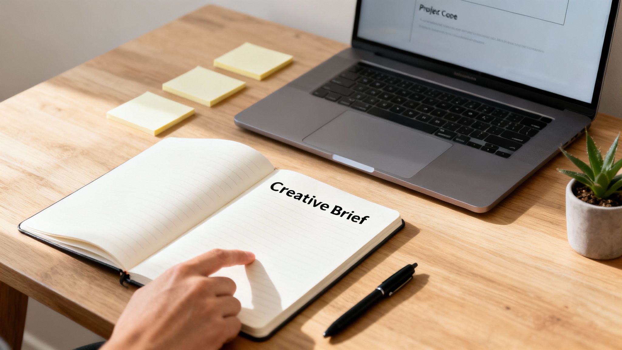 A person points to a 'Creative Brief' notebook on a wooden desk with a laptop, pen, and sticky notes.