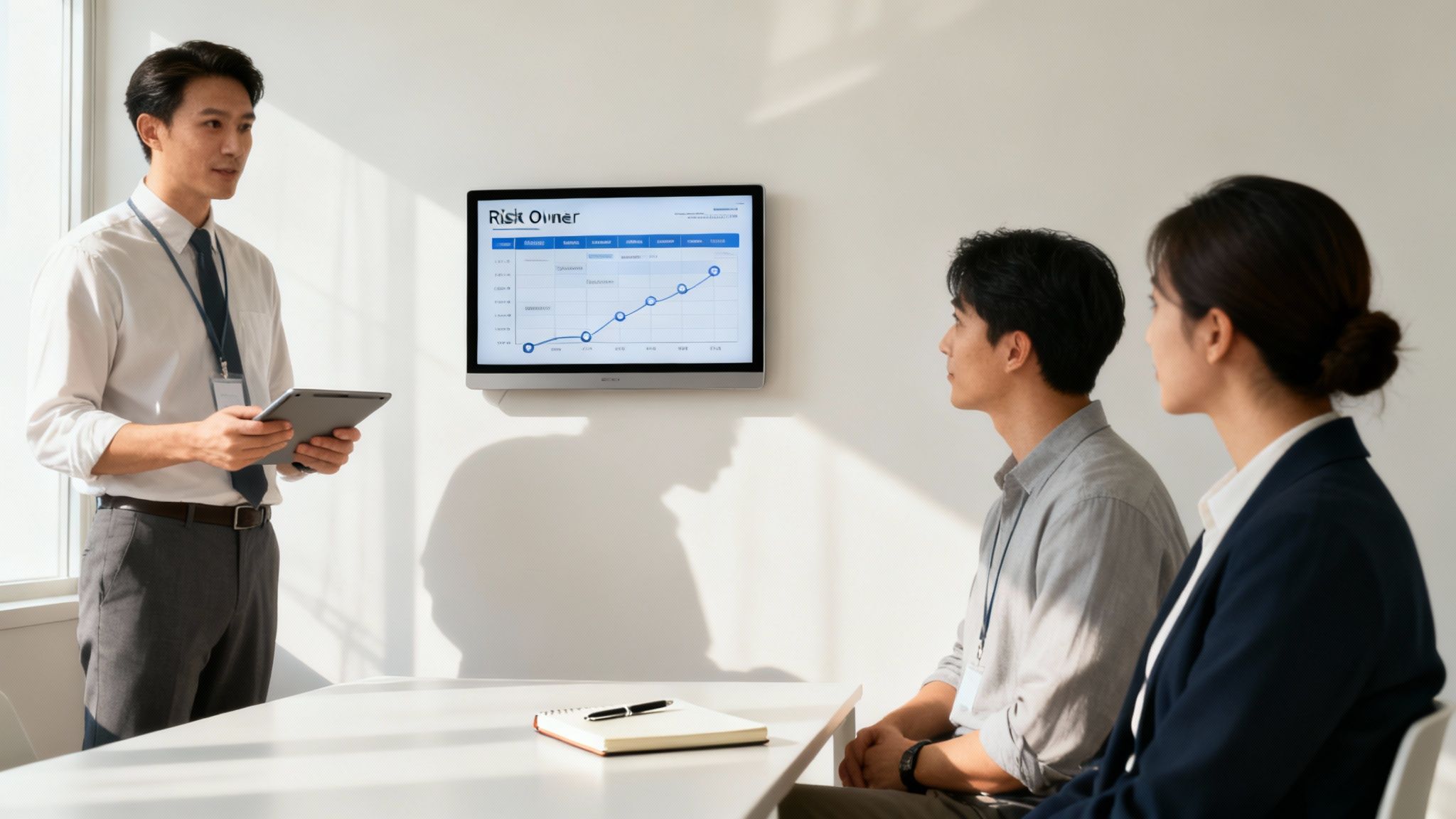 A team in a modern studio reviewing a project timeline on a large screen, focused on risk monitoring.