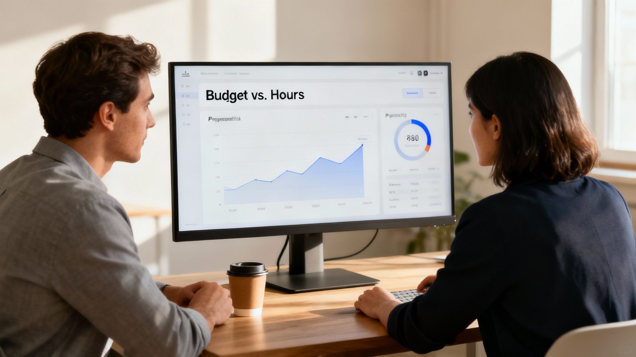 Two business professionals analyzing budget versus hours chart on computer monitor in office
