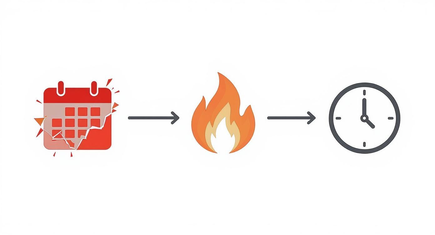 Calendar with flames leading to clock illustrating burnout from poor time management and workload