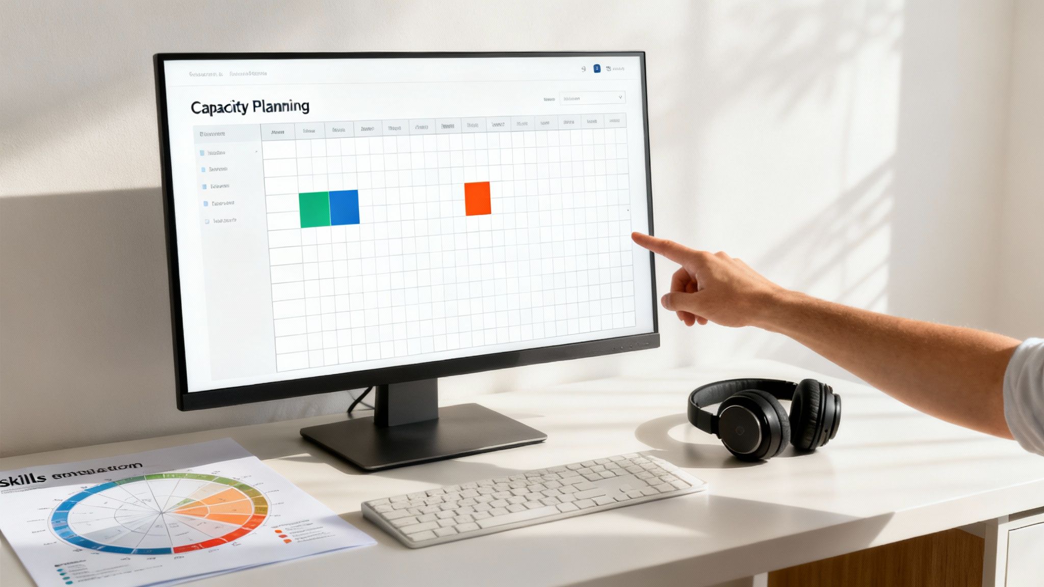 Person pointing at capacity planning schedule on computer monitor with colored blocks showing resource allocation