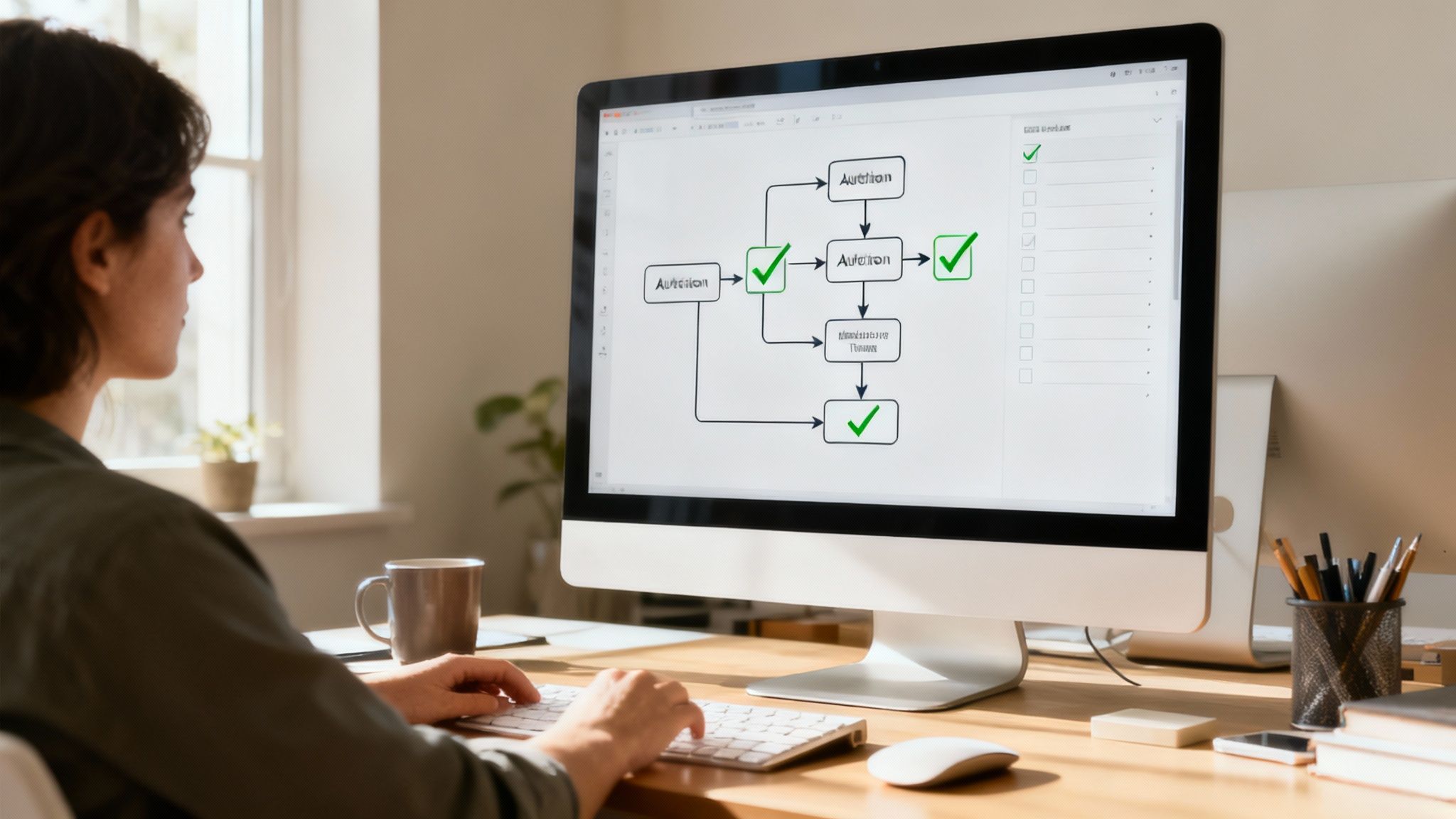 Woman reviewing workflow automation diagram with checkmarks on computer screen at desk