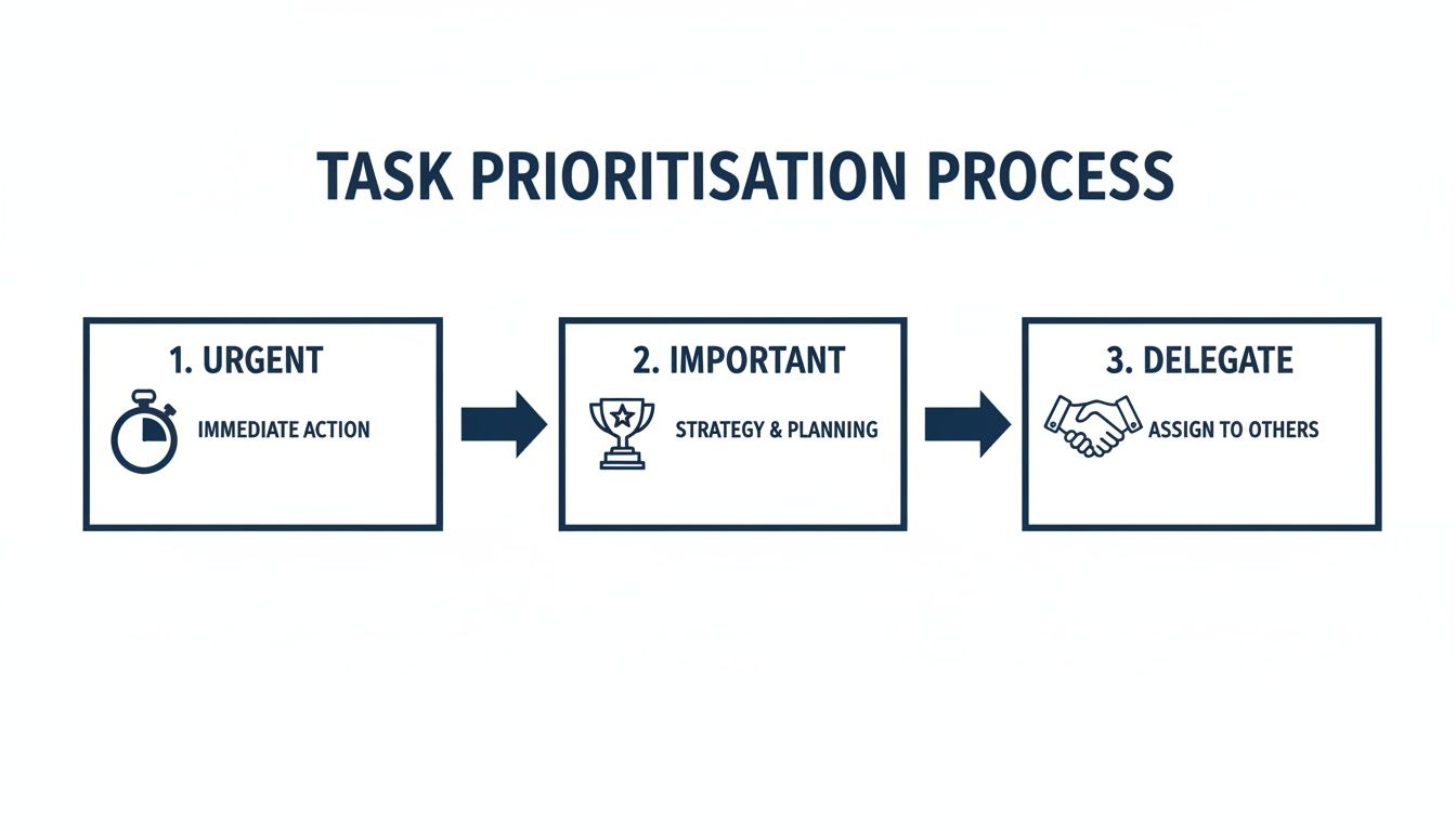 Flowchart illustrating the task prioritization process with three steps: Urgent, Important, and Delegate.