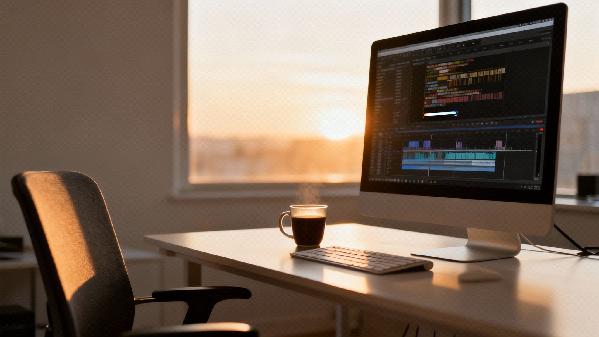 Modern desk setup with computer showing video editing, steaming coffee, and keyboard at golden hour sunset.