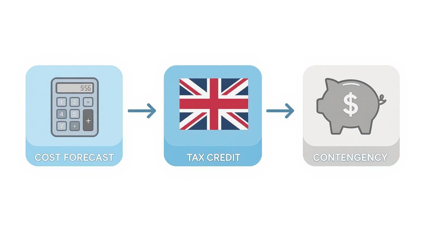 Infographic outlining the key steps of UK film budget planning, including cost forecasting, tax credit application, and contingency funds.