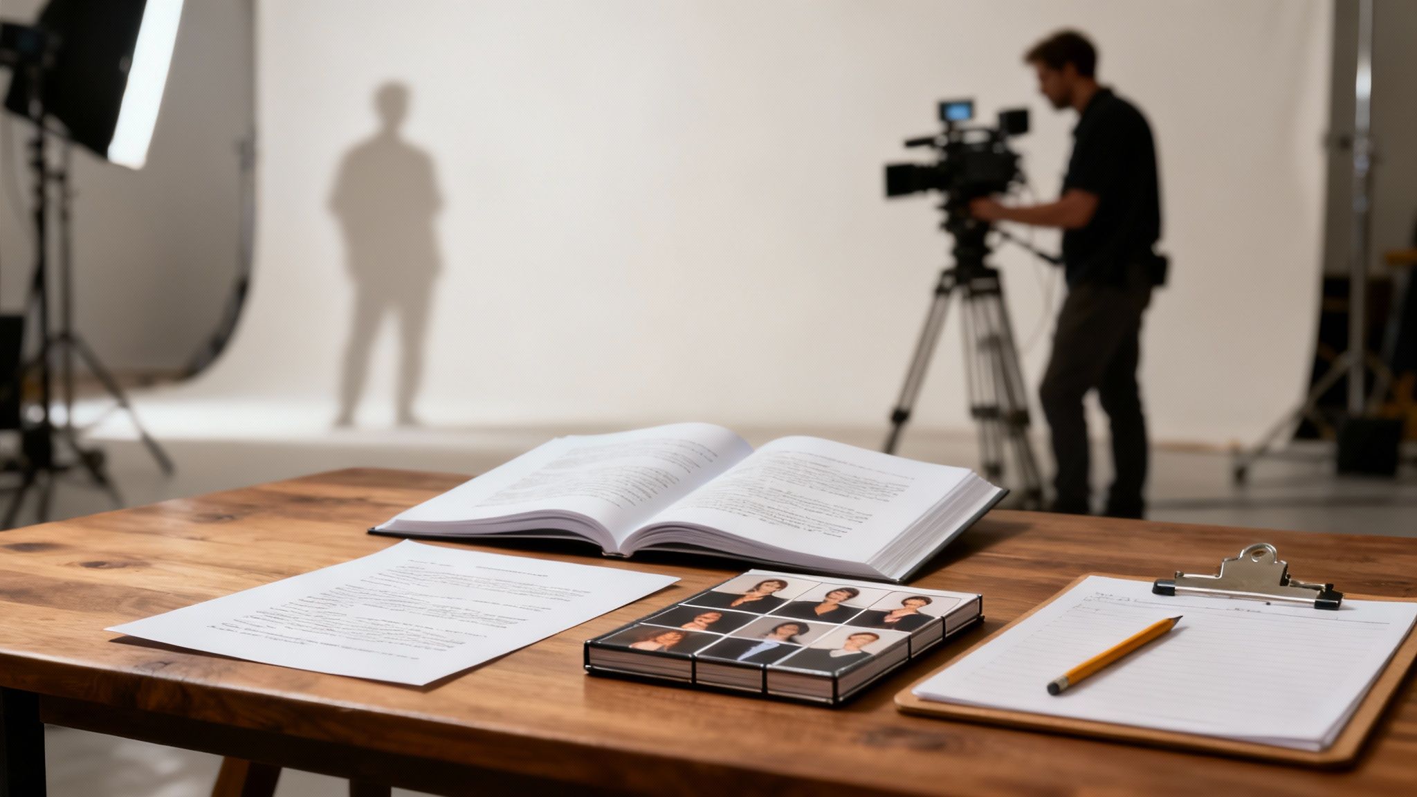 A film crew working on a movie set, representing the practical foundation of planning a movie