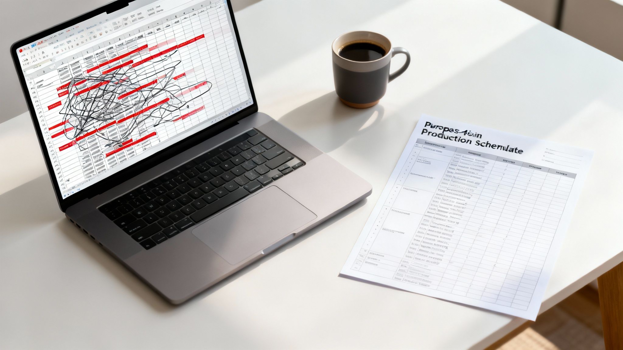 A person working on a laptop at a desk with a monitor showing production schedule data.