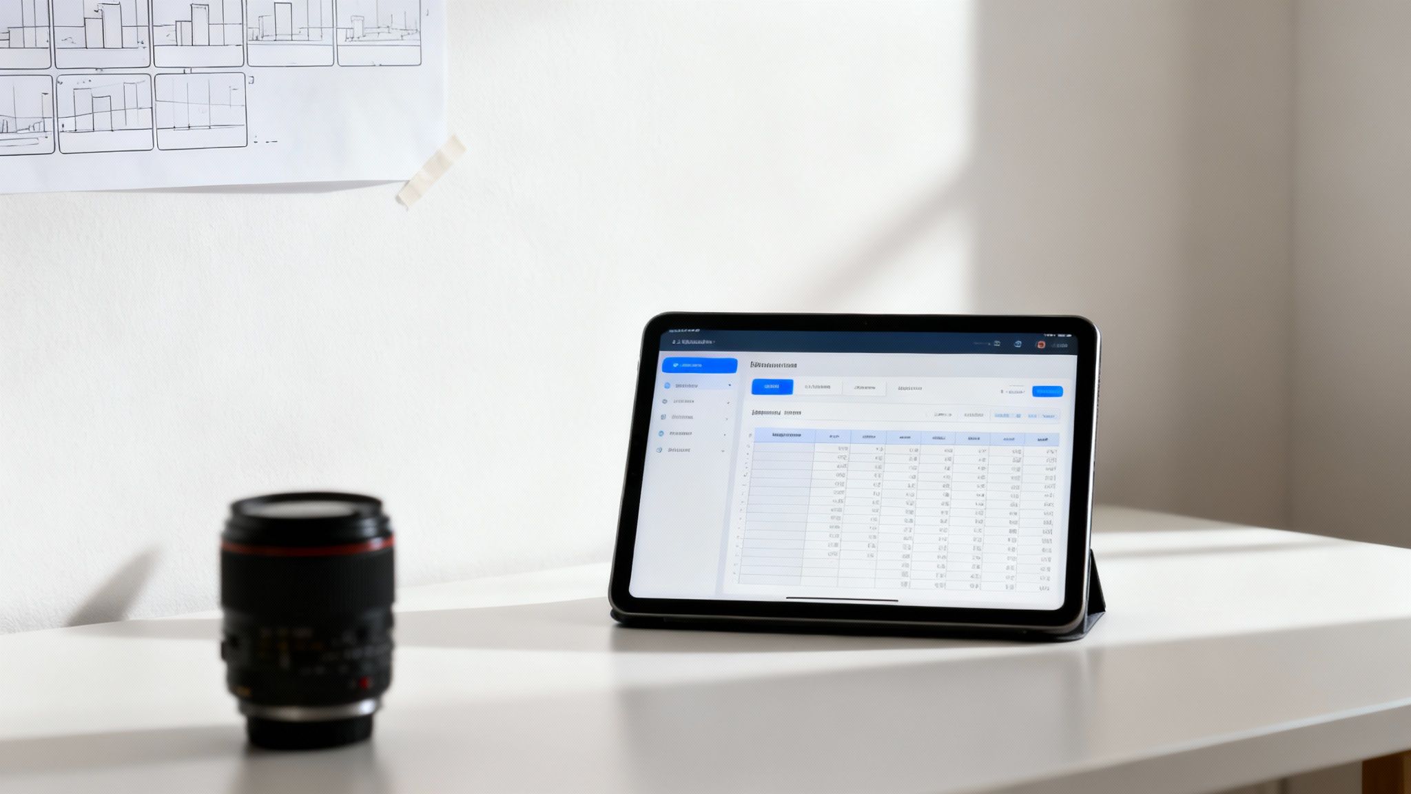 A modern tablet on a white desk displays project finance data within an application.