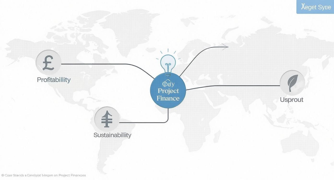 A conceptual world map illustrates Project Finance at the center, linked to Profitability, Sustainability, and Usprout.