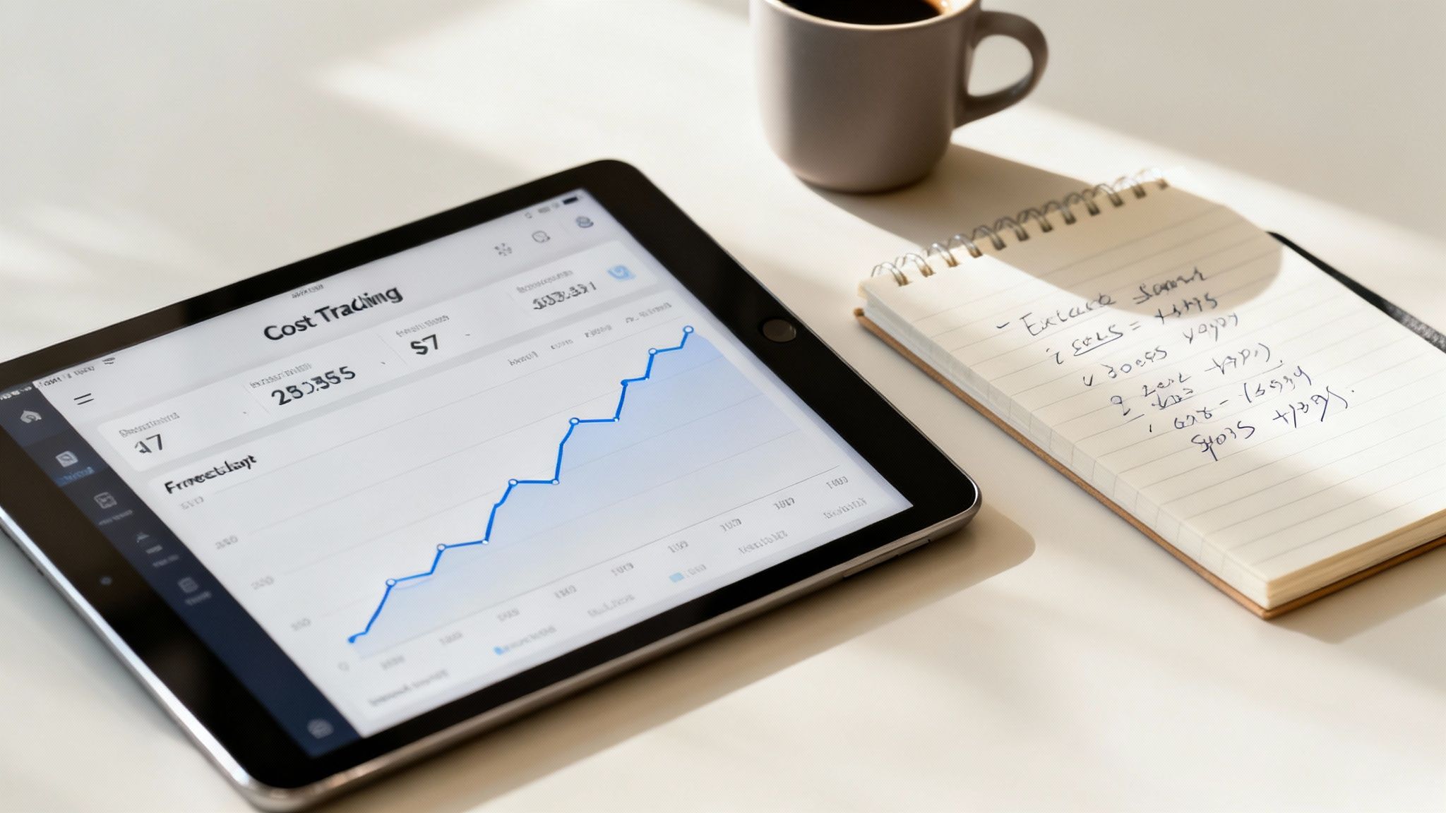 A tablet displays a cost tracking graph next to a coffee cup and a notebook on a white desk.