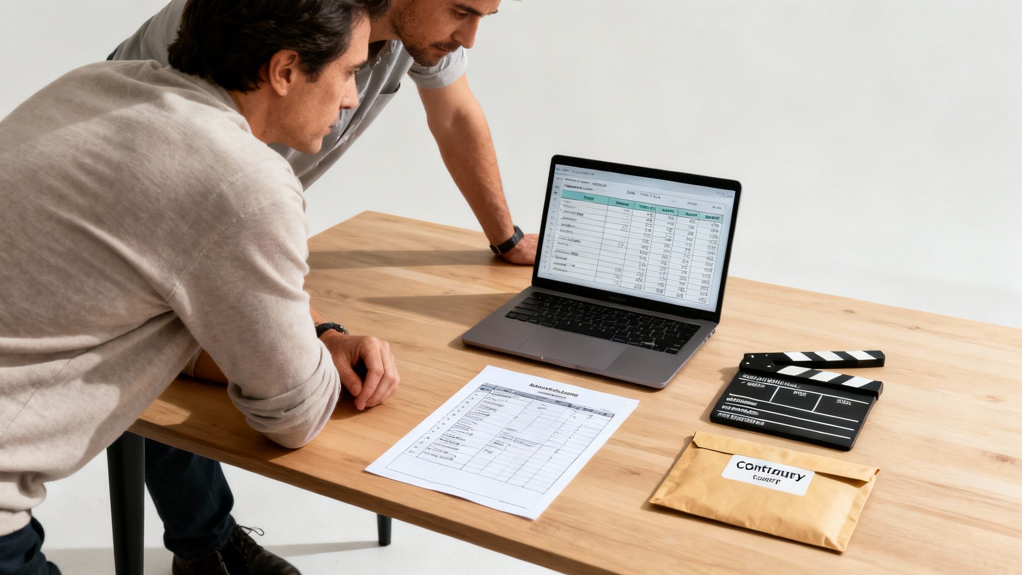 Two professionals analyzing financial data and project documents on a laptop and wooden table.