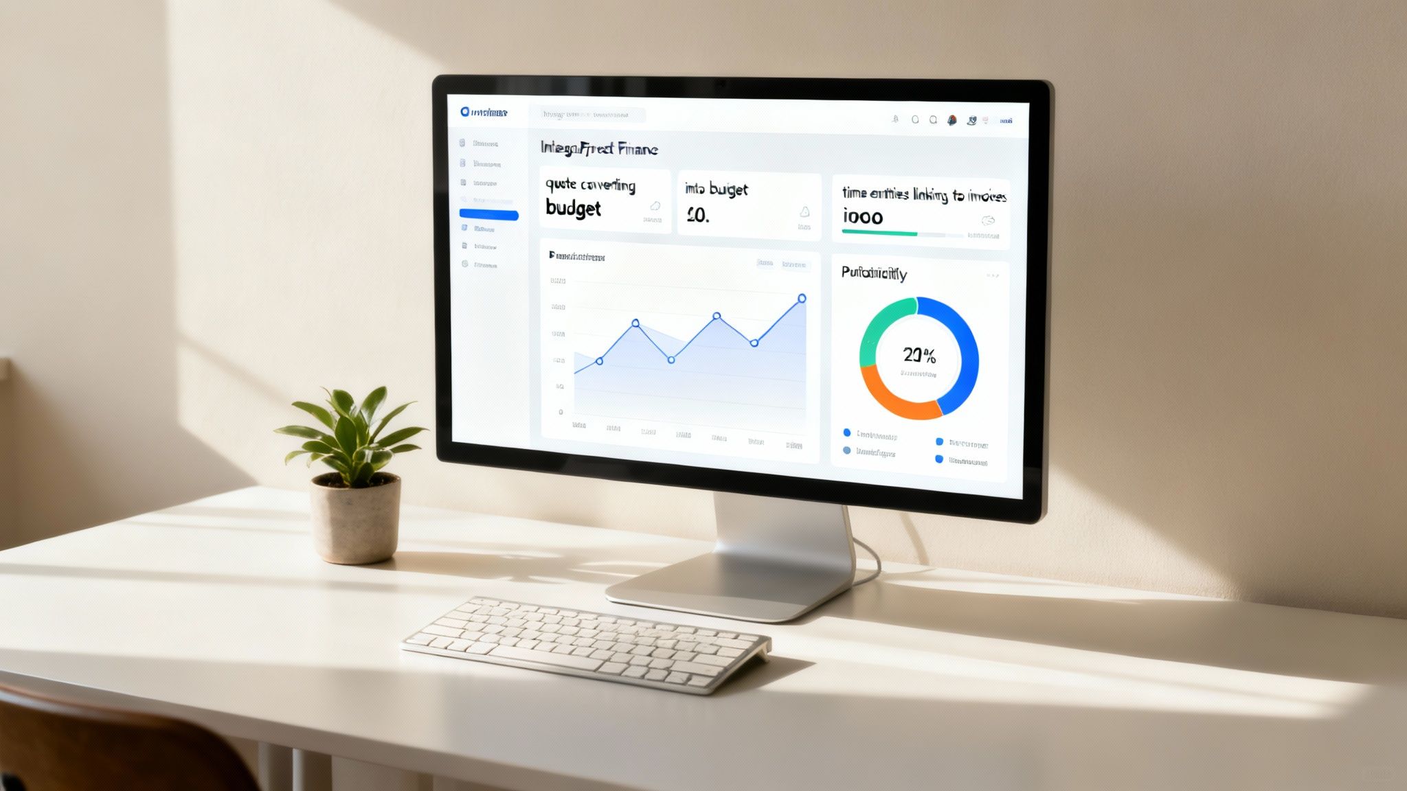 A clean desk setup with a computer displaying a financial management dashboard, a plant, and a keyboard.