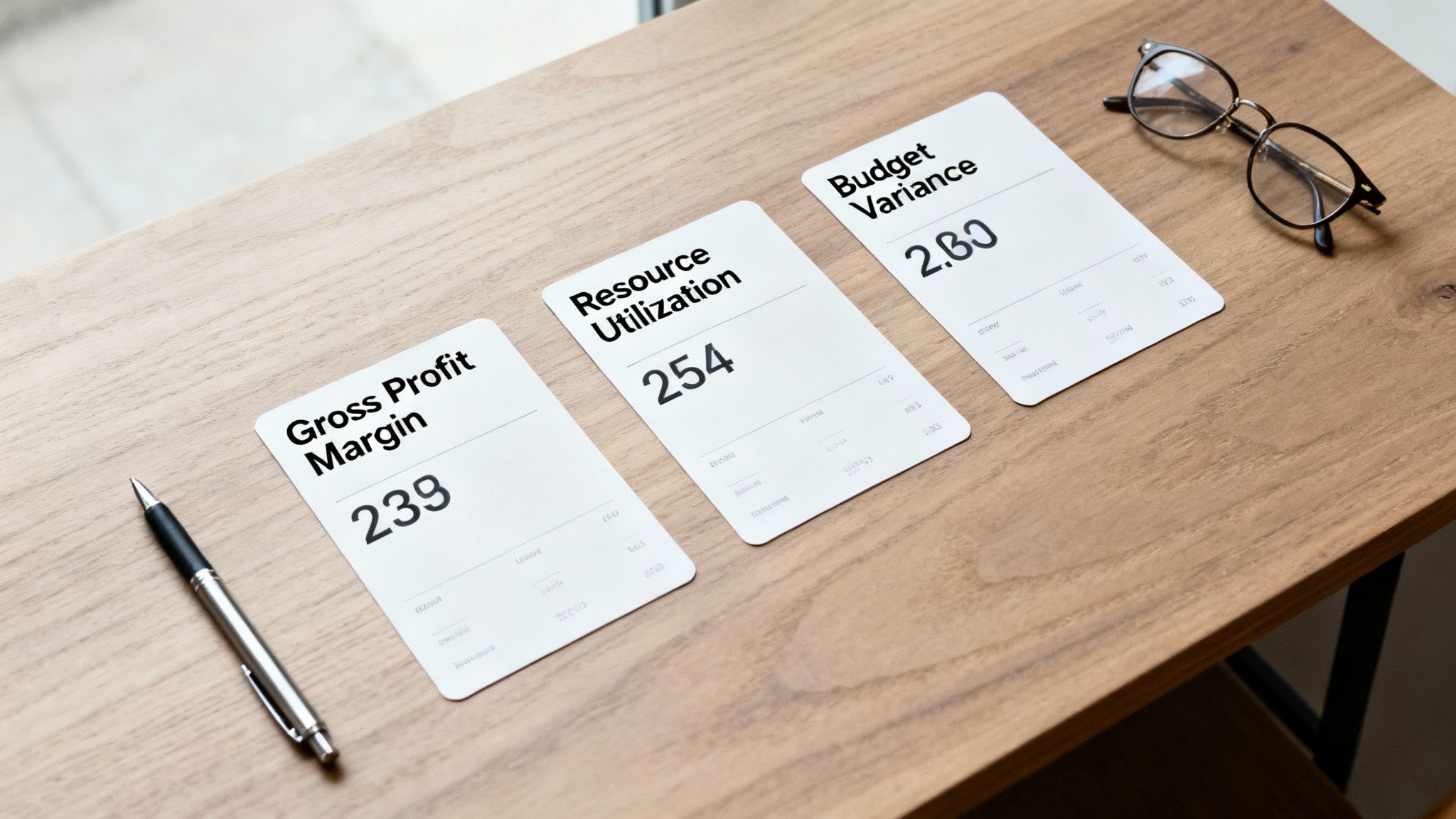 A dashboard showing key financial metrics like profit margin, utilization rate, and budget variance.
