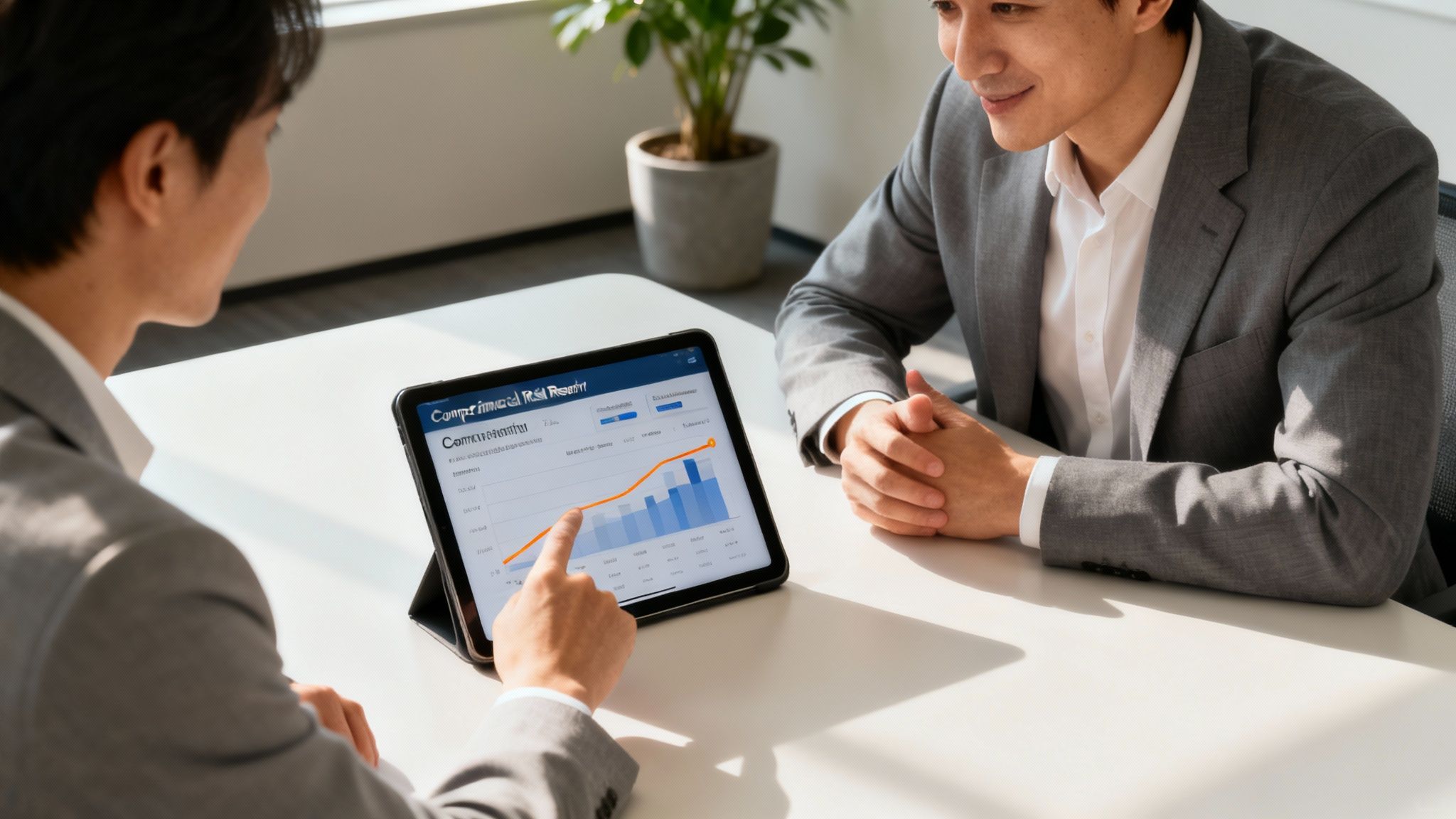 A group of diverse stakeholders in a modern office looking at a dashboard on a large screen, exemplifying transparent financial communication.