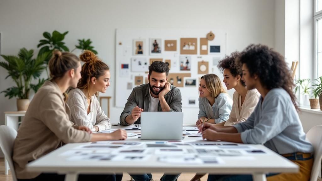A creative project manager leading a collaborative team meeting with enthusiasm.