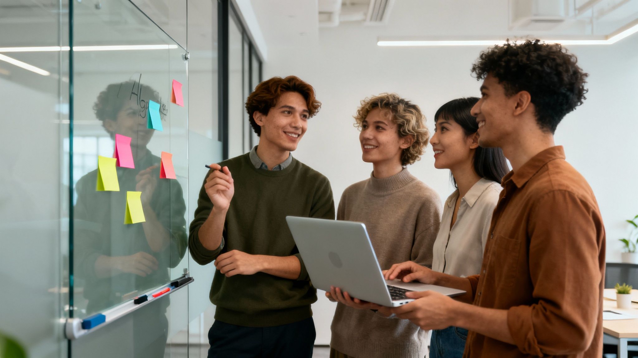 A team collaborating around a whiteboard with sticky notes, illustrating the agile planning process.