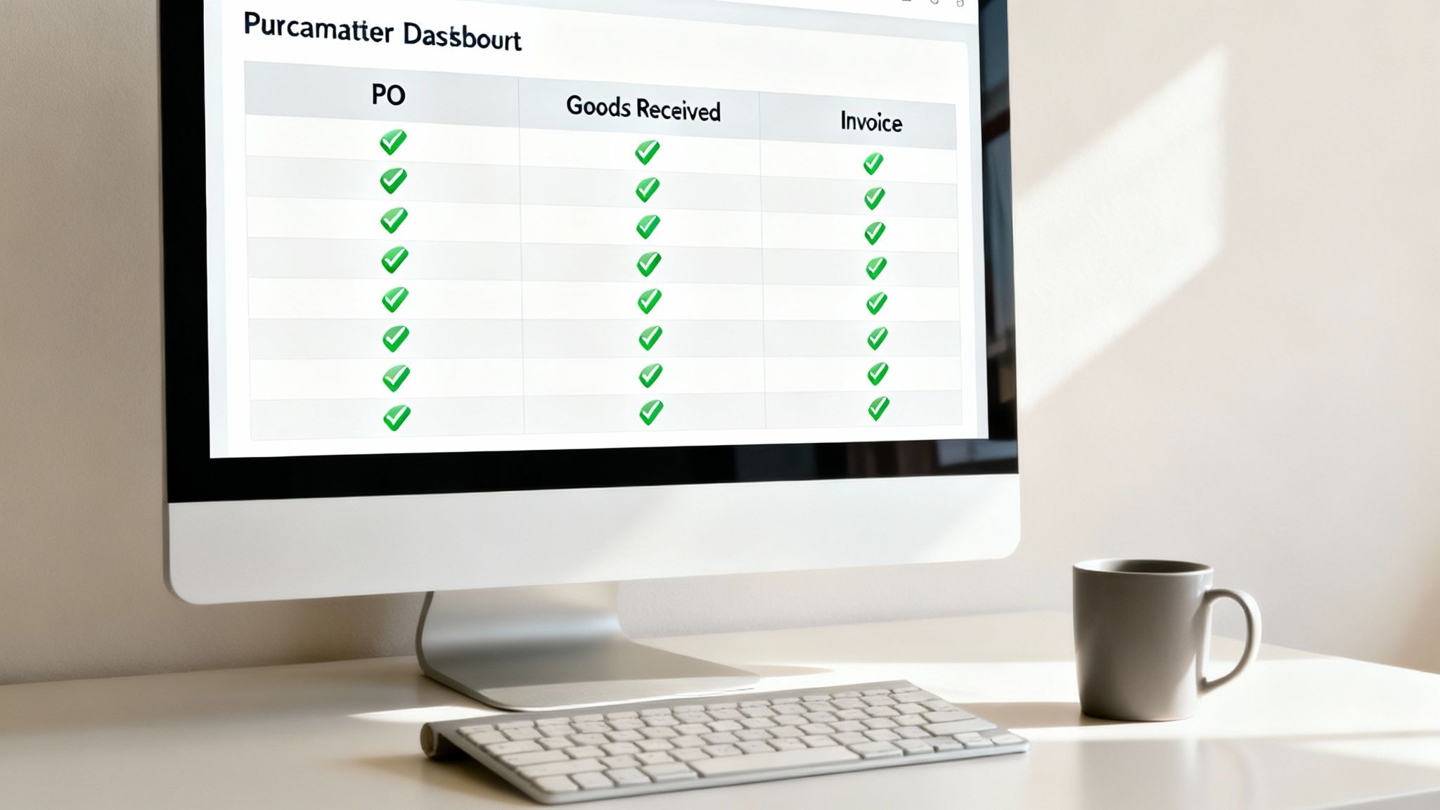Computer monitor displaying purchase order dashboard with checkmarks showing completed PO, goods received, and invoice stages