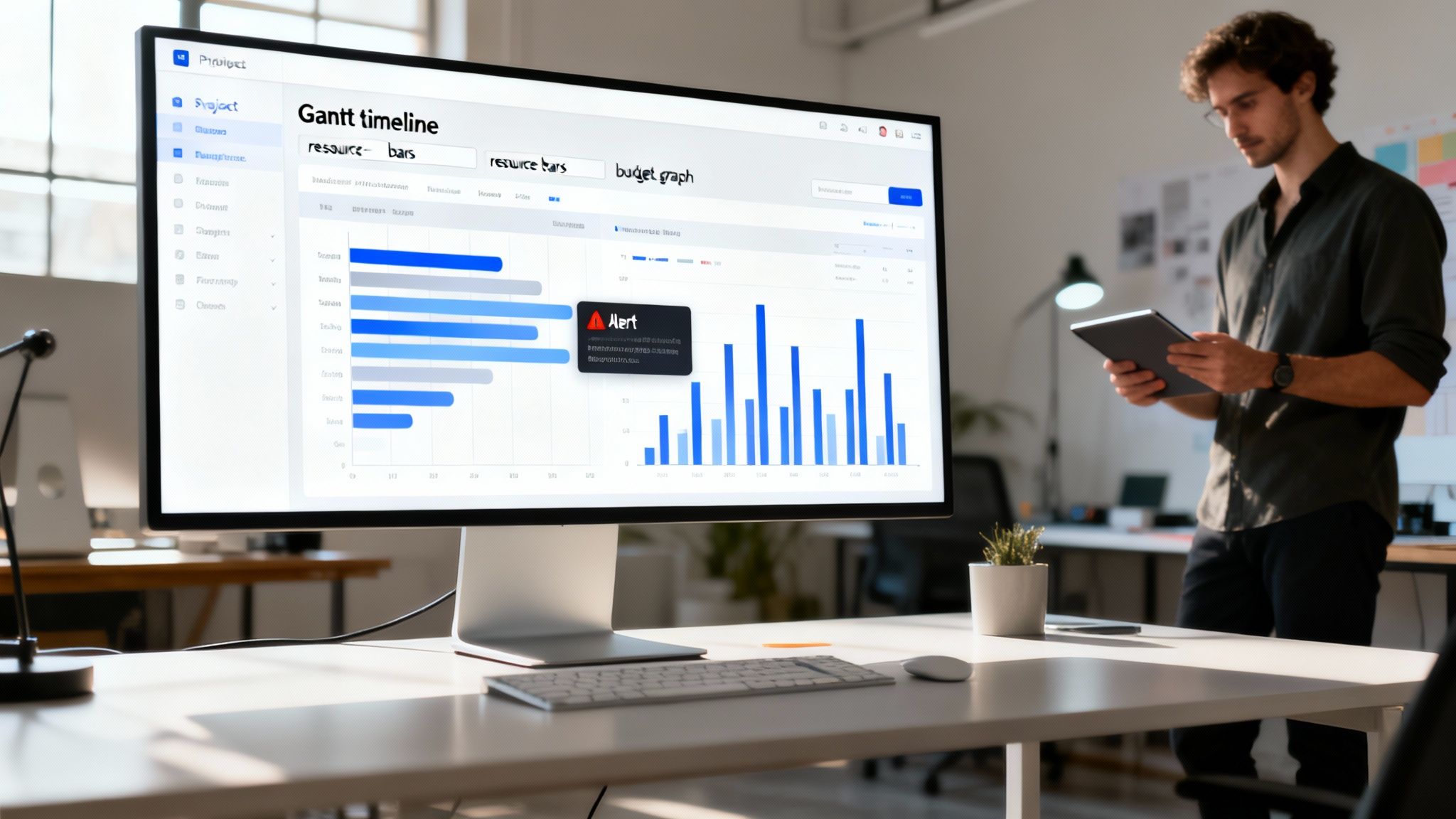 A man reviews project data on a tablet, standing next to a monitor displaying a Gantt timeline and budget graph with an alert.