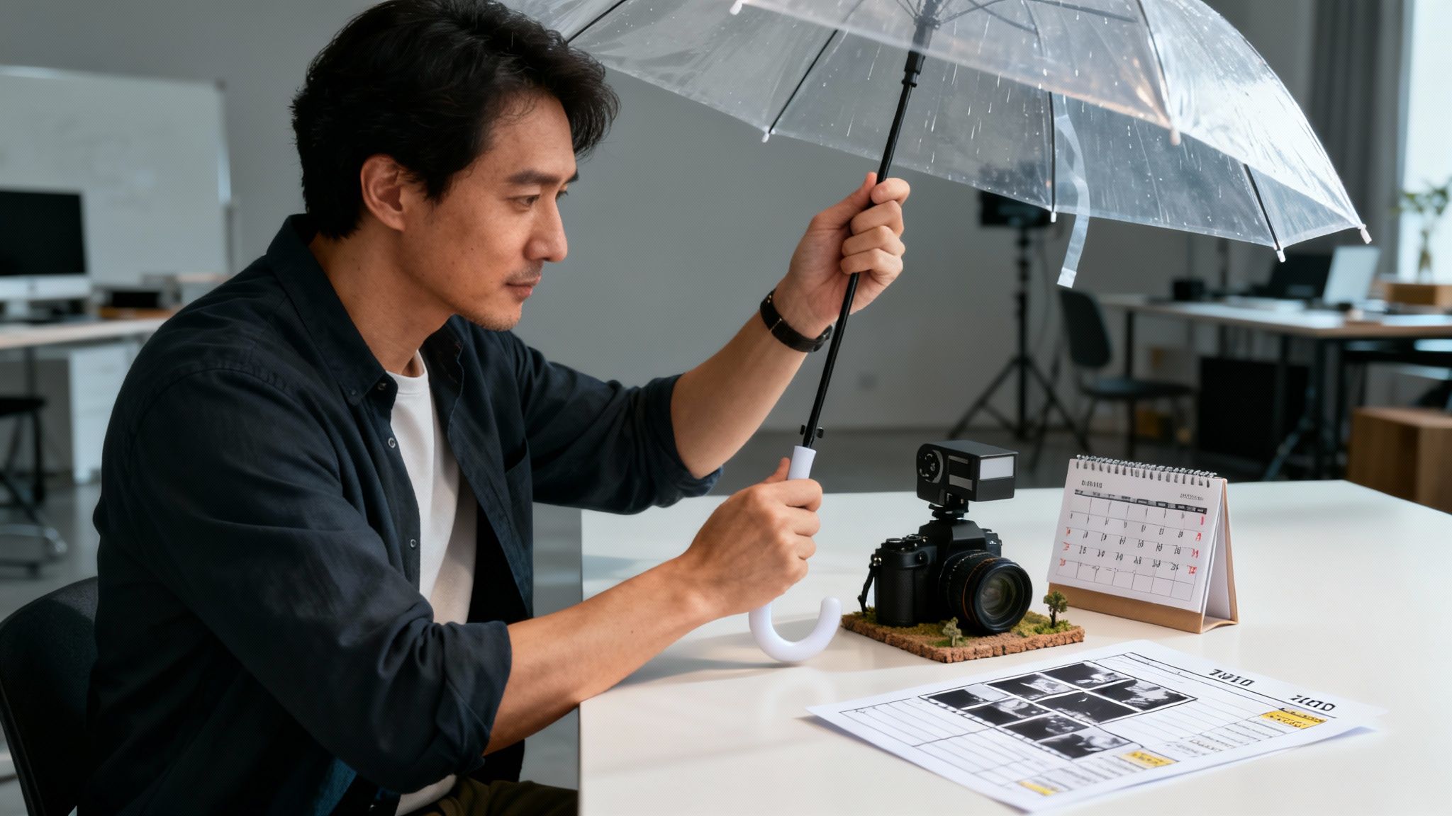 A man holds a transparent umbrella indoors, looking at a camera and calendar on a desk.