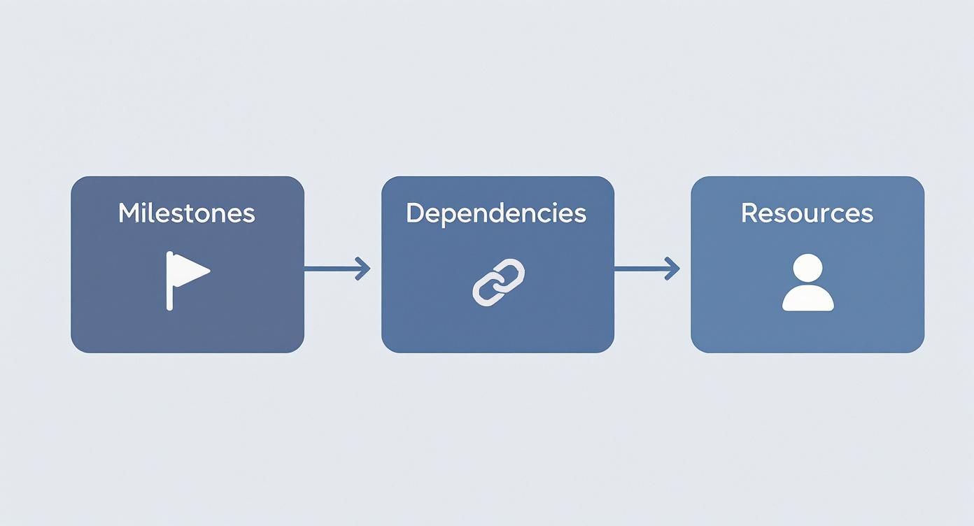 A flowchart illustrating key project components: Milestones, Dependencies, and Resources, connected by arrows.
