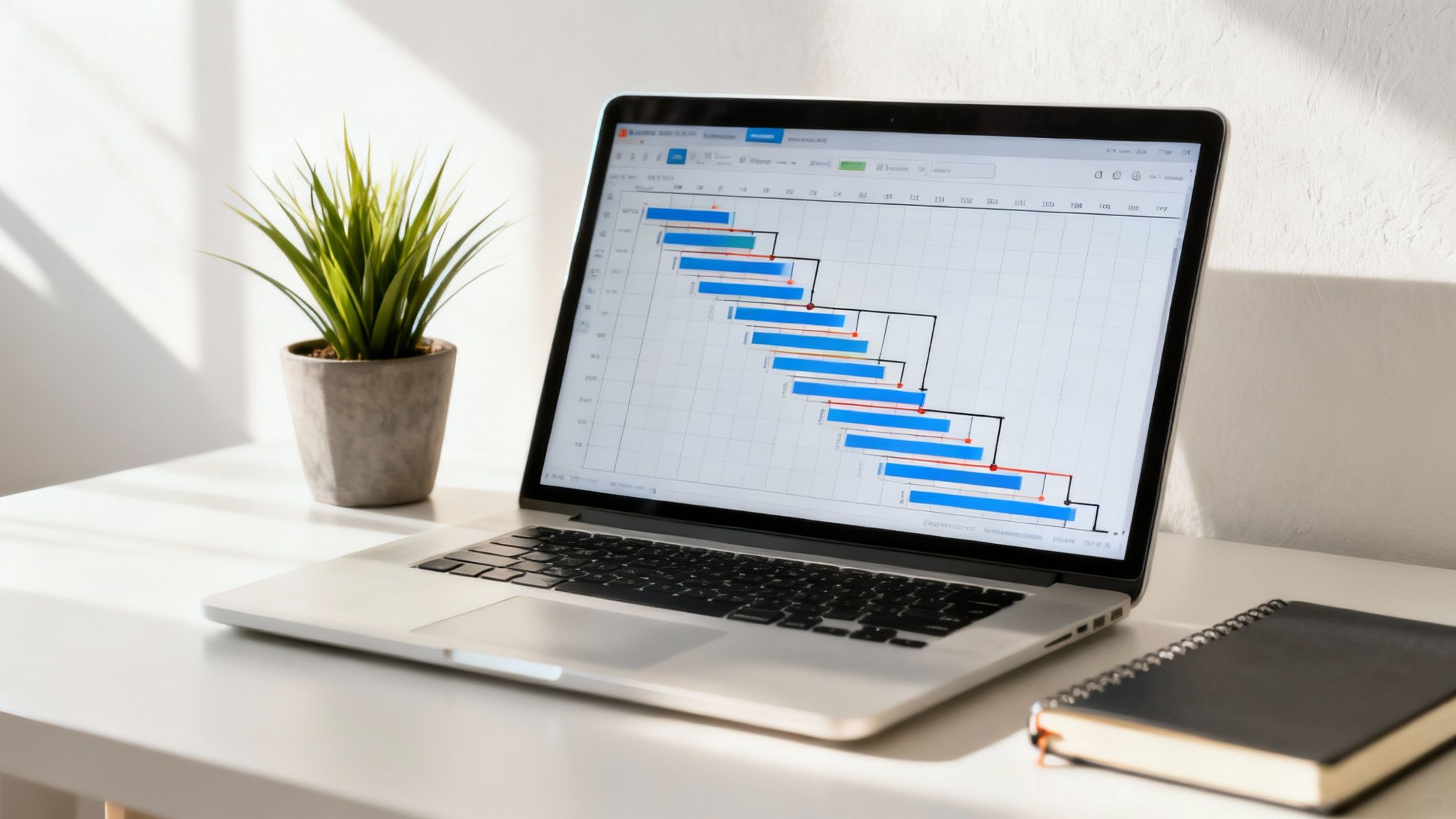 Laptop displaying a detailed project schedule or Gantt chart on a white desk.