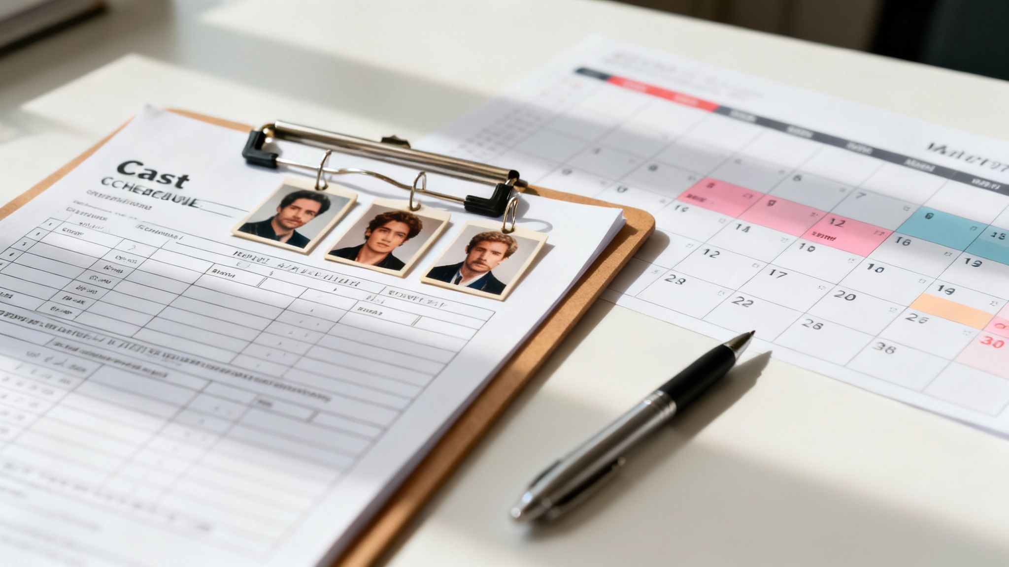A cast schedule document on a clipboard with three actor photos, a calendar, and a pen.
