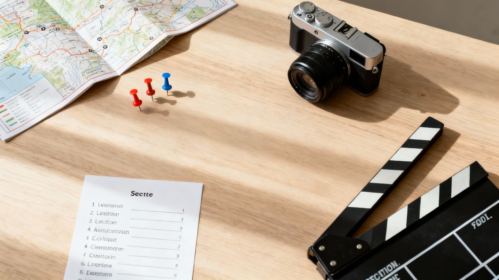 A flat lay displays filmmaking essentials: a map with pins, a camera, a clapperboard, and a schedule.