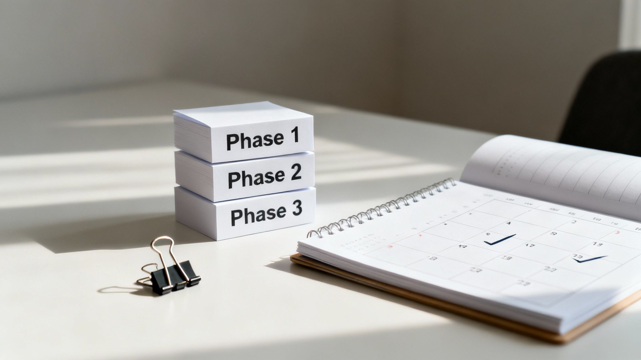 Three stacked cards labeled 'Phase 1', 'Phase 2', 'Phase 3' next to an open calendar with checkmarks.