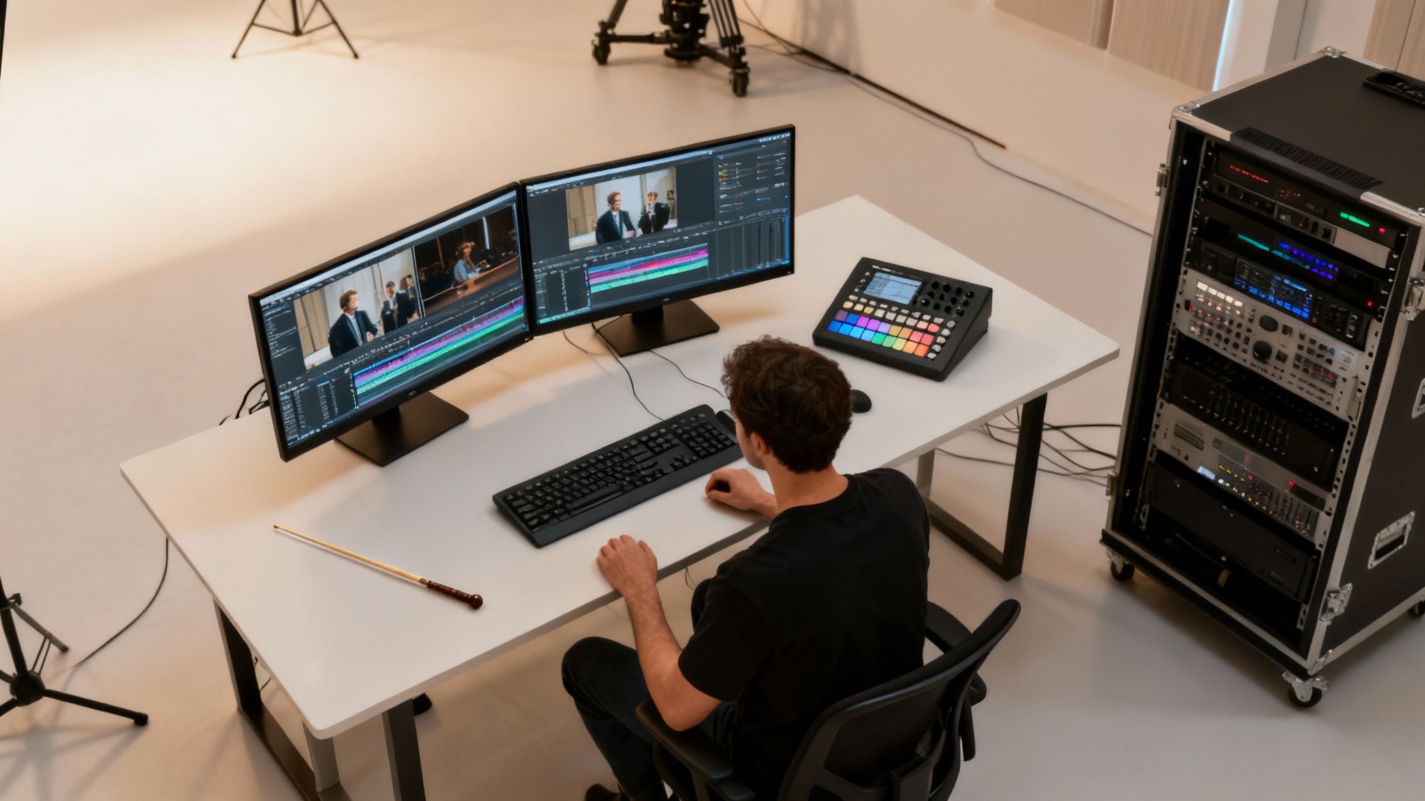 High-angle shot of a man editing video on dual monitors with a soundboard in a professional studio.