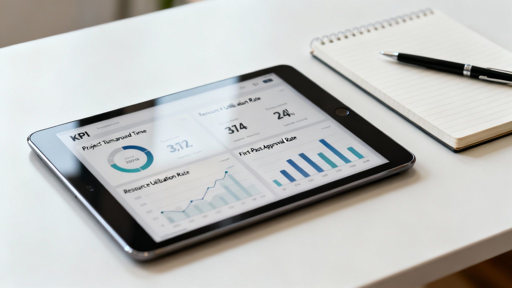 A dashboard showing various Key Performance Indicators with charts and graphs, representing post-production success metrics.