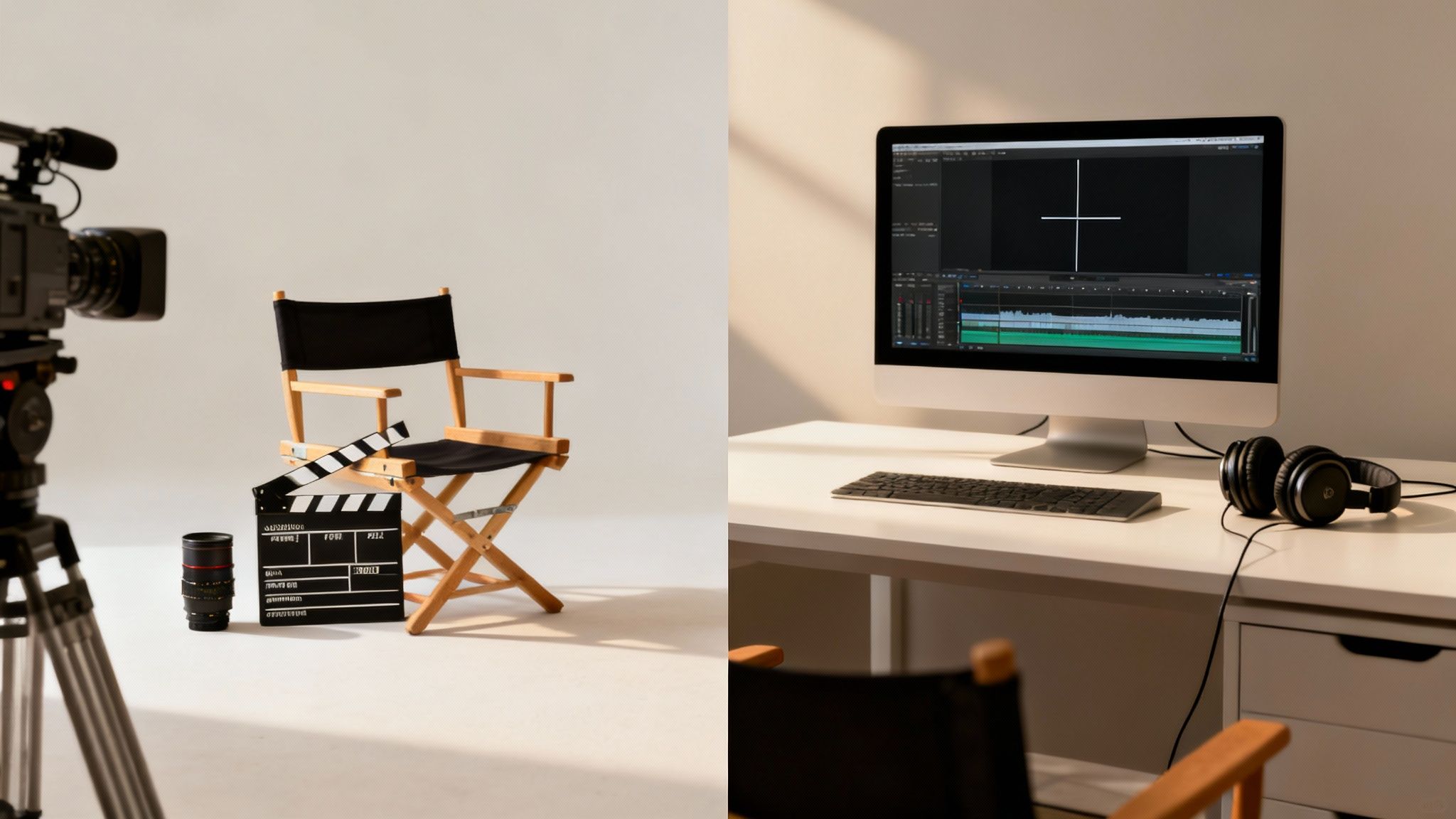 A split image showing video production equipment on the left and a video editing workstation on the right.
