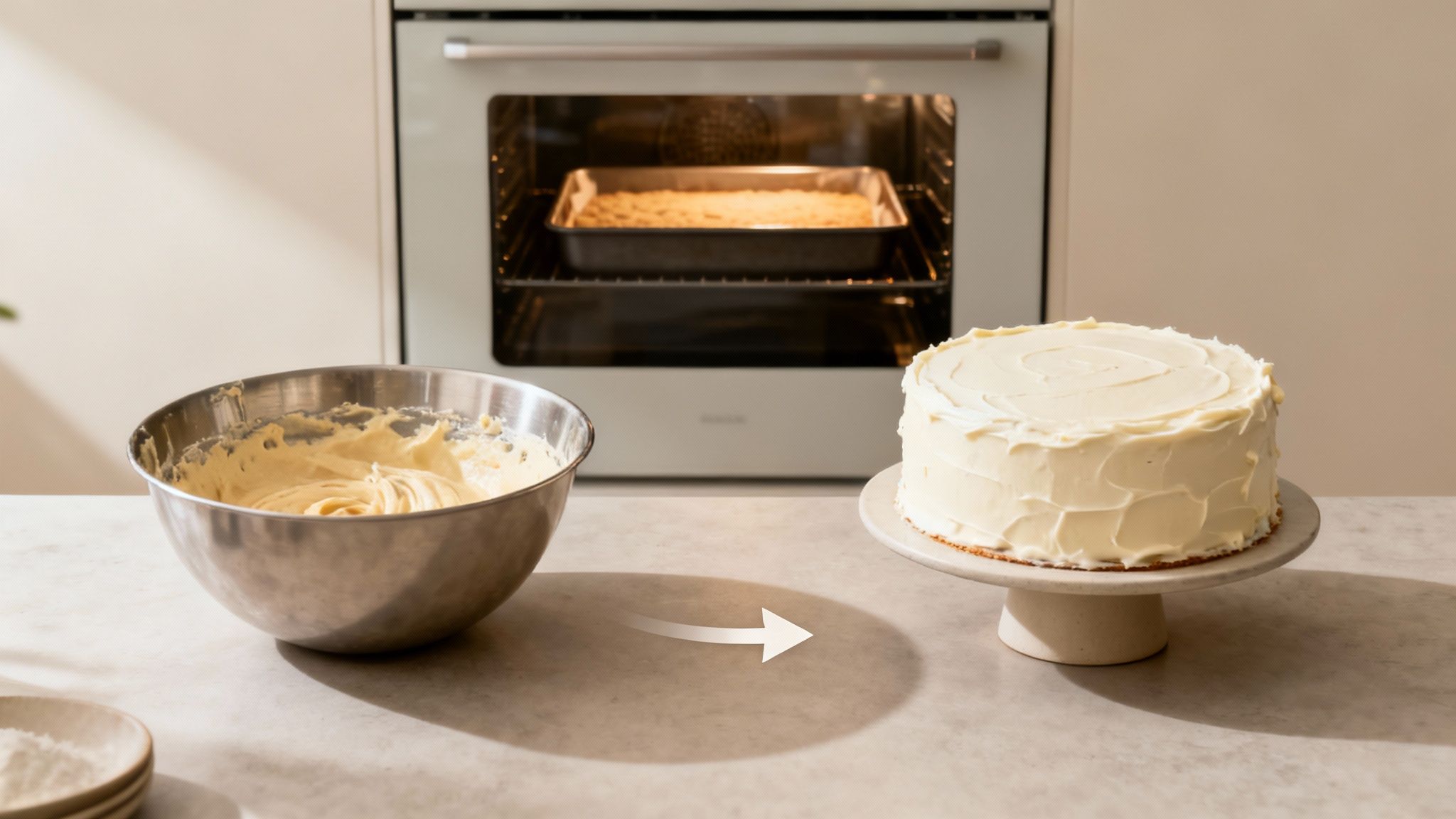 Cake batter in a bowl, a finished white frosted cake, and an oven with baking in progress.