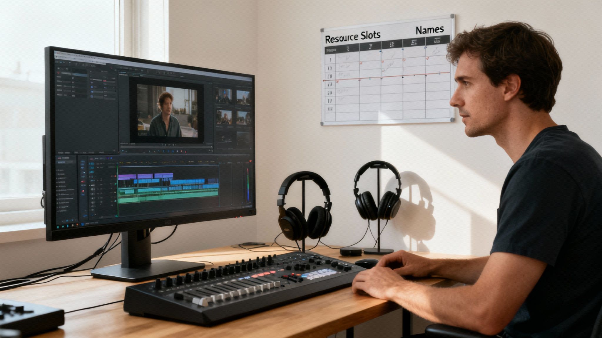 A team of creative professionals collaborating in a modern studio environment, illustrating effective capacity planning.