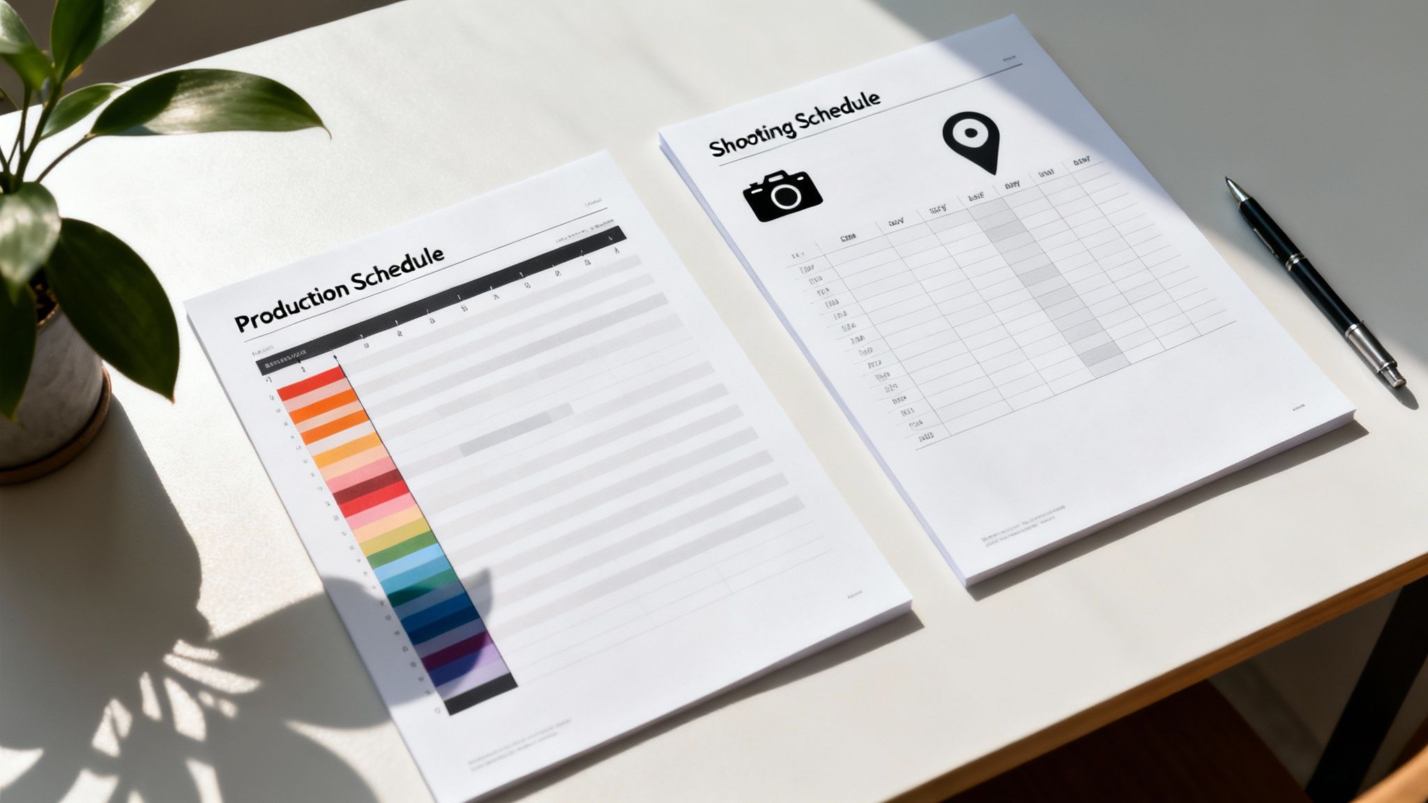 Two production schedule documents on a white desk with a pen and a small green plant.