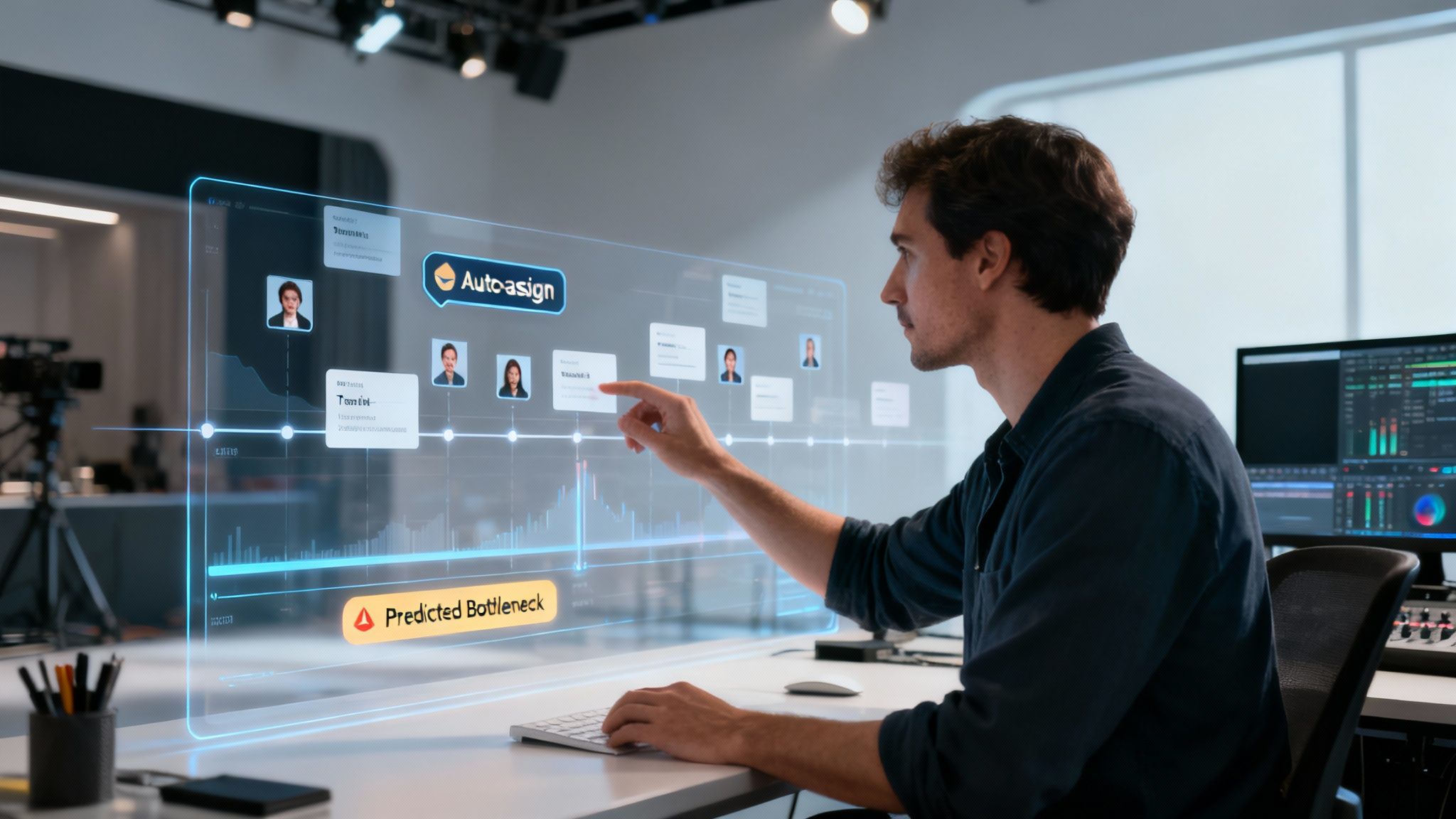 A man interacts with a holographic interface, managing tasks on a production schedule with auto-assign and bottleneck alerts.