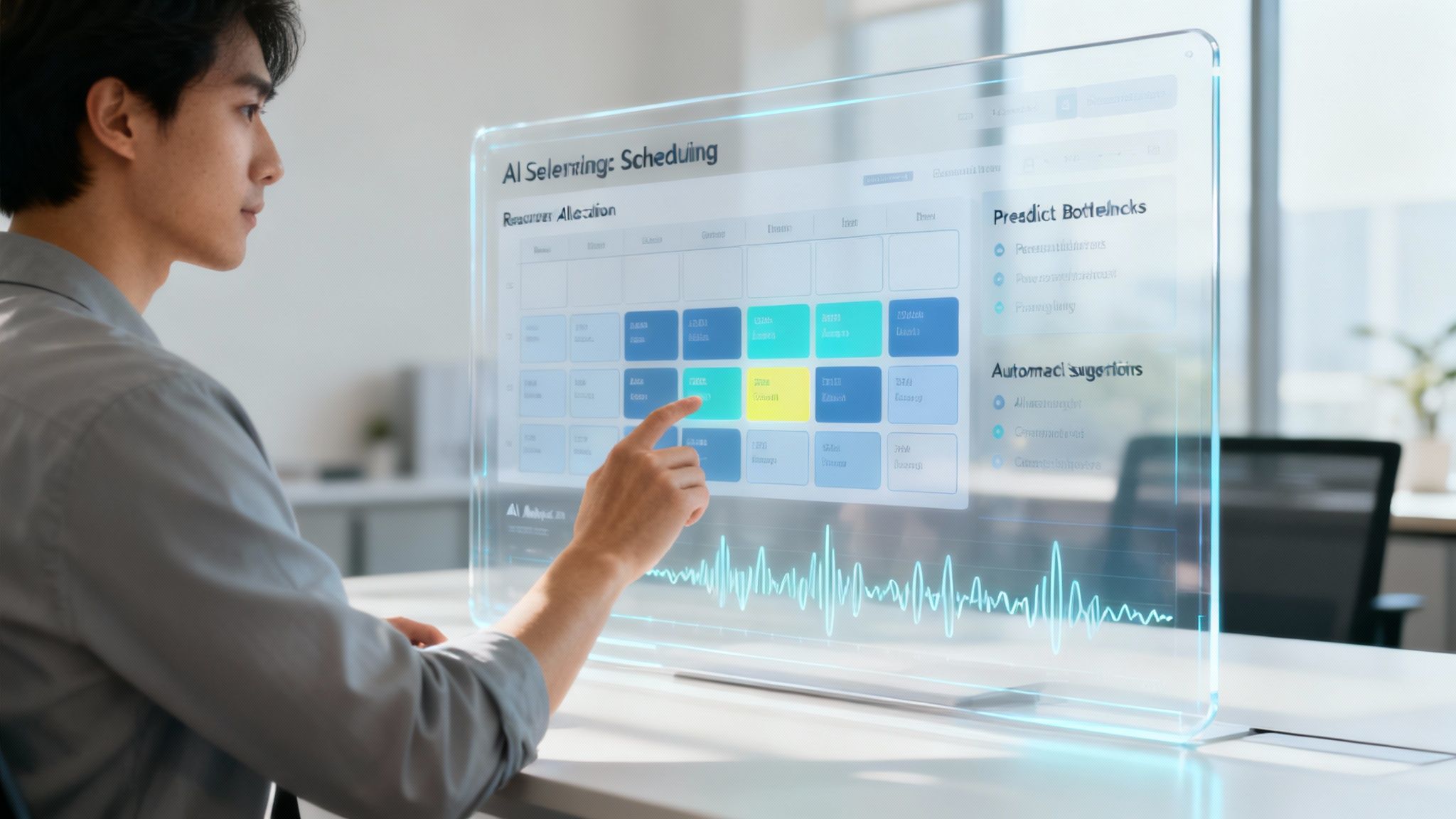 Professional using transparent touchscreen display for AI-powered production scheduling and resource allocation management