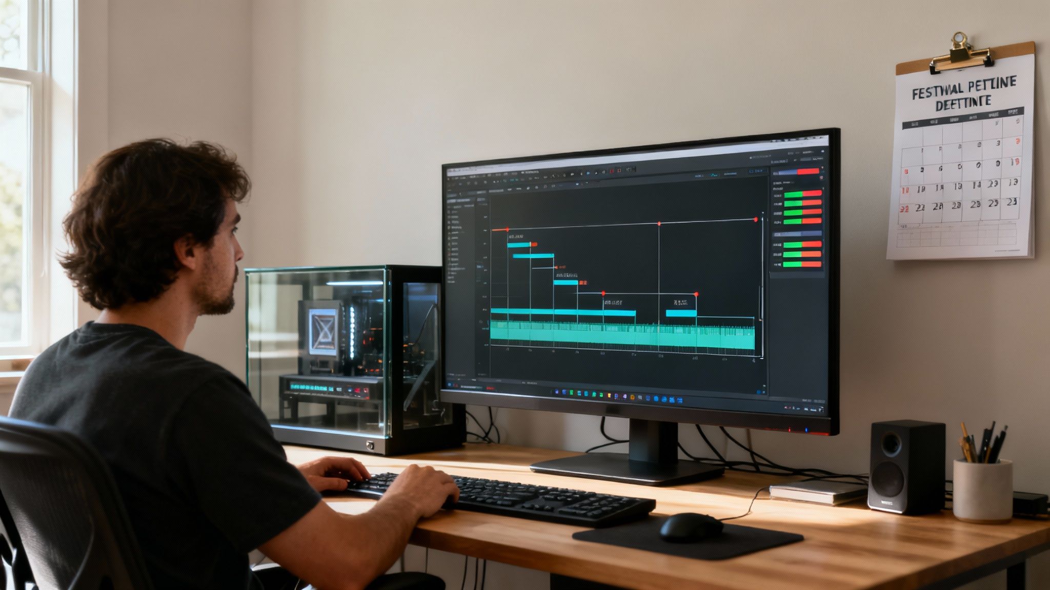 Video editor working on production timeline with multiple tracks on large monitor display