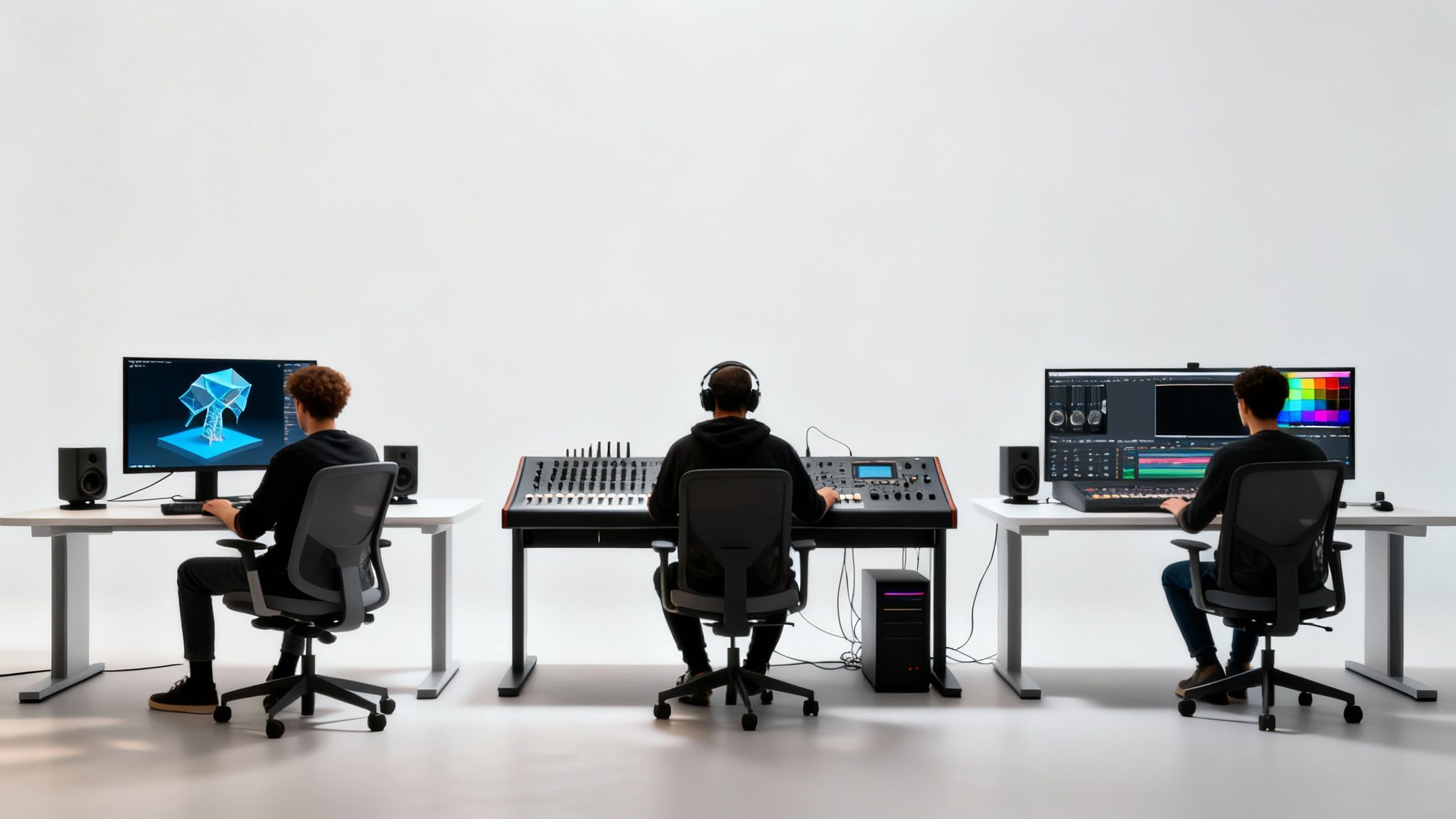 Three professionals working on computers and a mixing console in a modern studio setting.